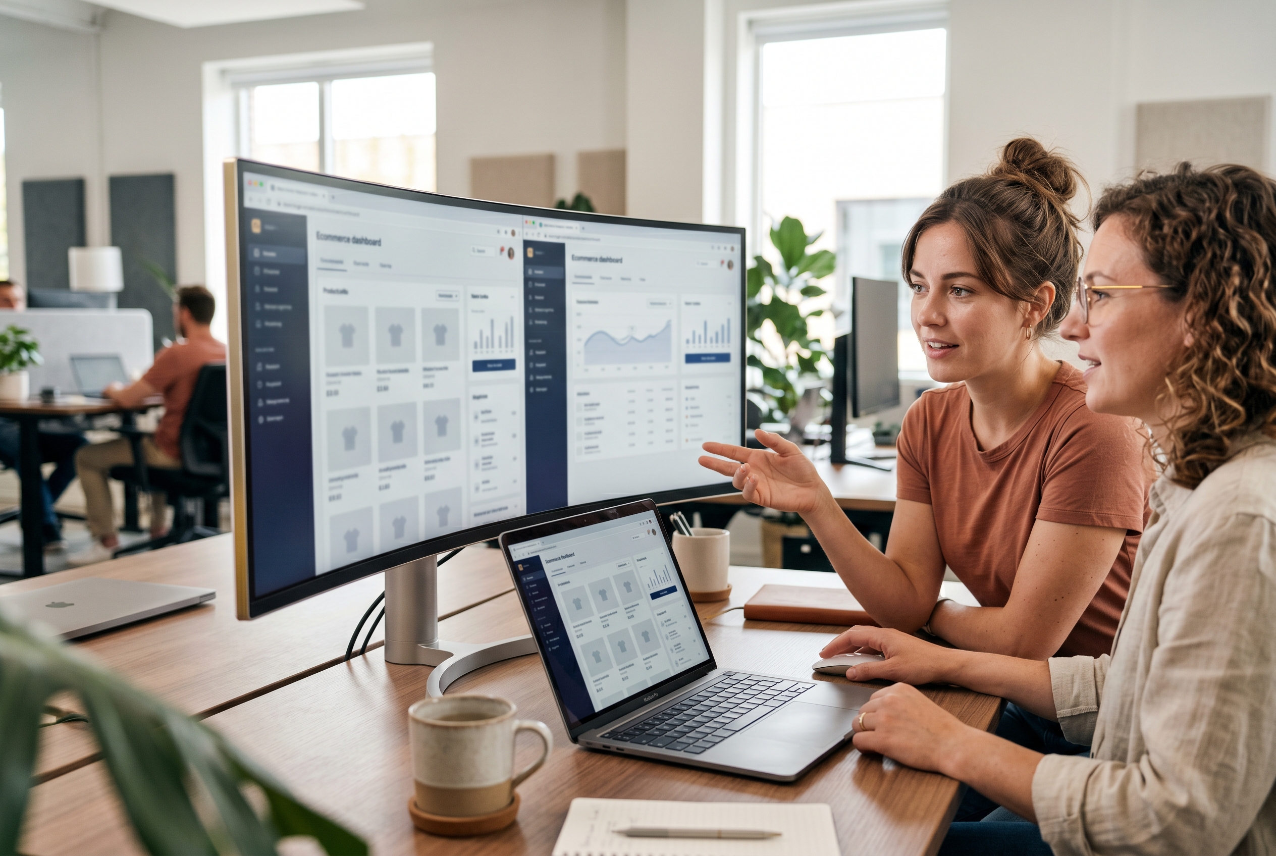 Two colleagues comparing two ecommerce store layouts side by side on a wide monitor in a bright office