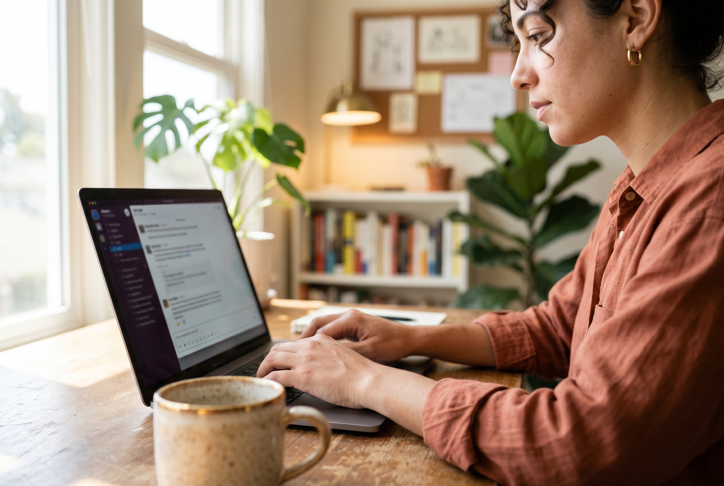 Entrepreneur typing a business description into a chat interface on a laptop in a sunlit home office