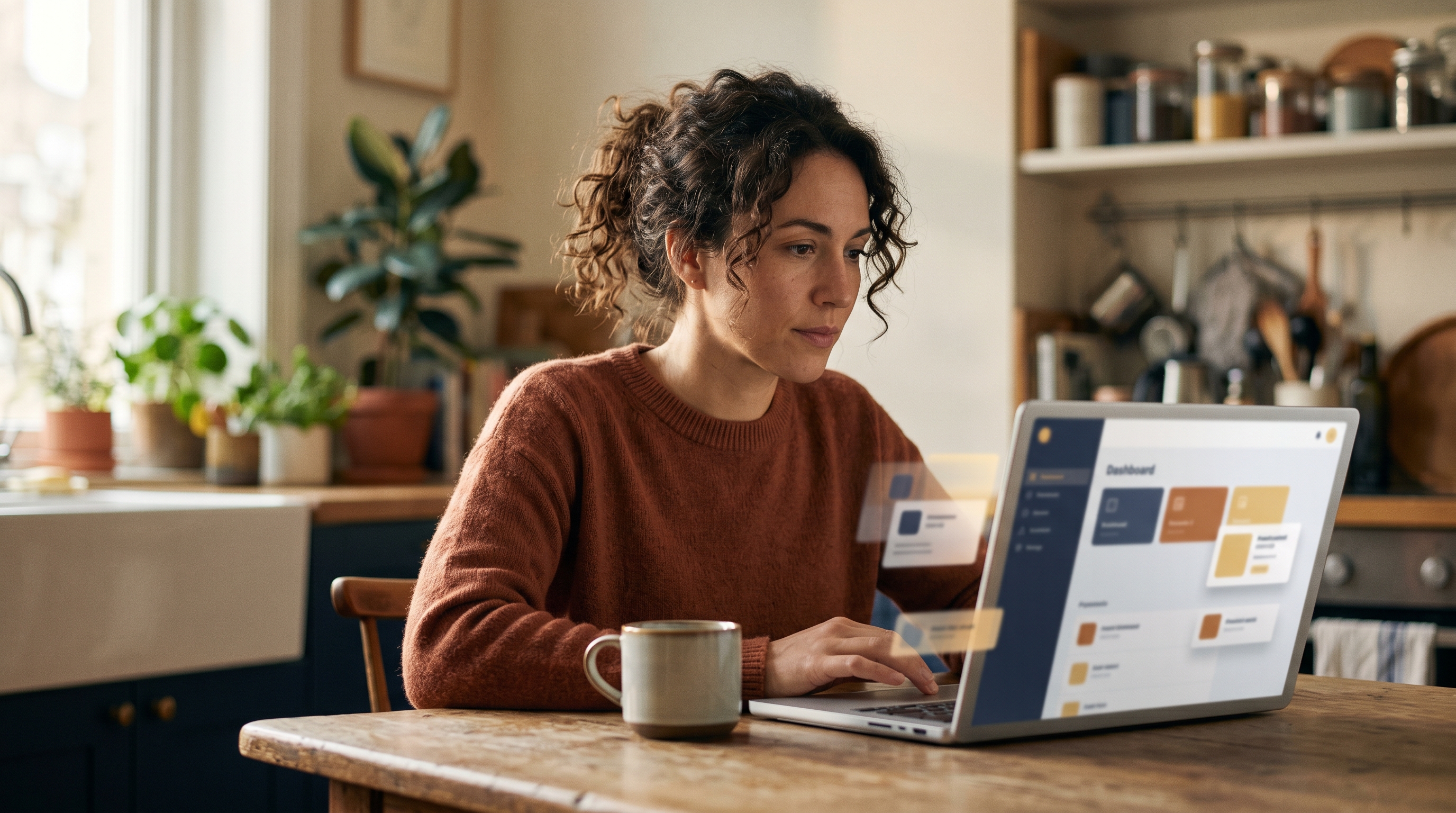Small business owner sitting at a kitchen table watching an AI assistant build their online store on a laptop screen with floating product cards