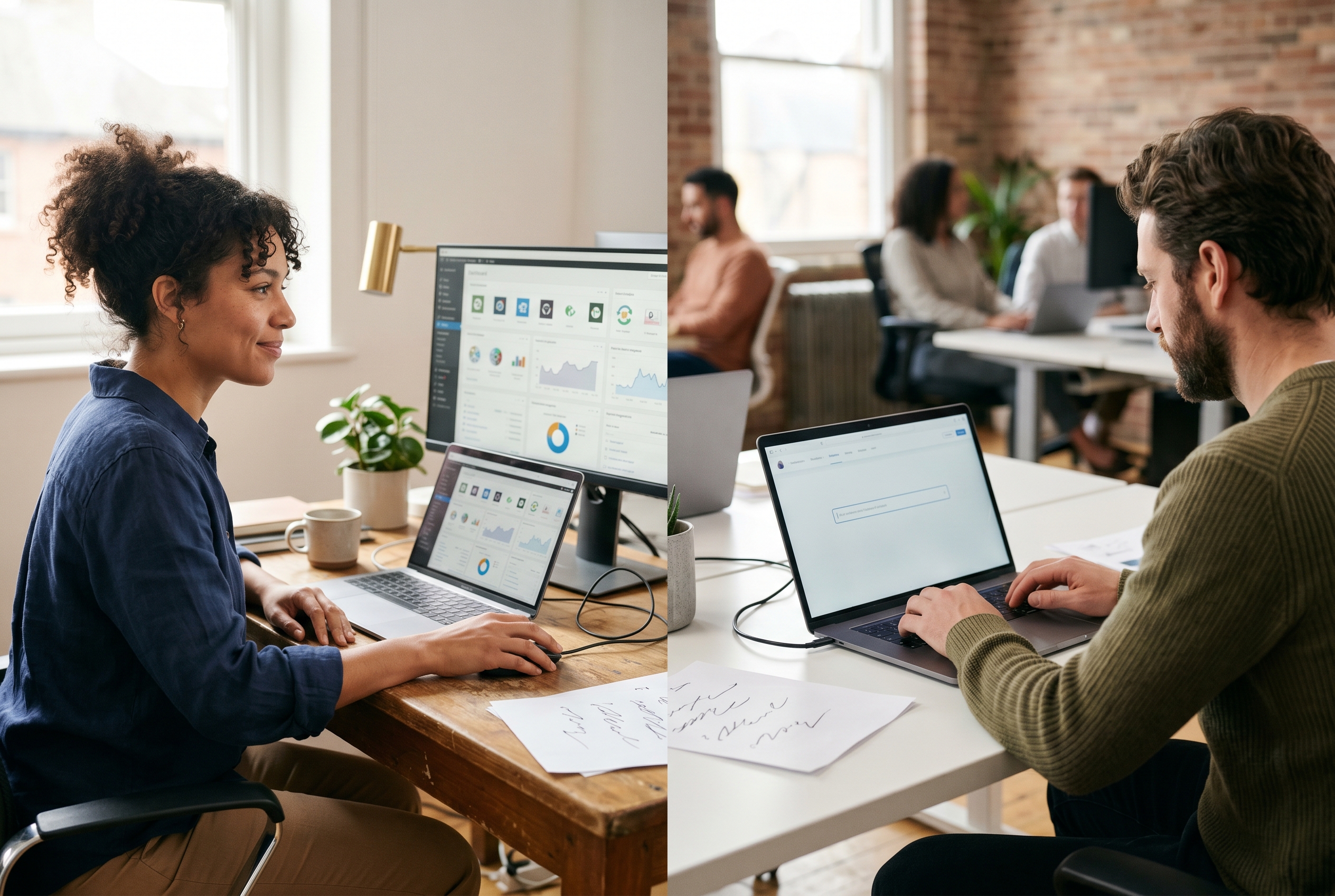 Split screen showing a traditional ecommerce dashboard cluttered with twelve plugin icons versus a clean unified AI dashboard with a single chat input