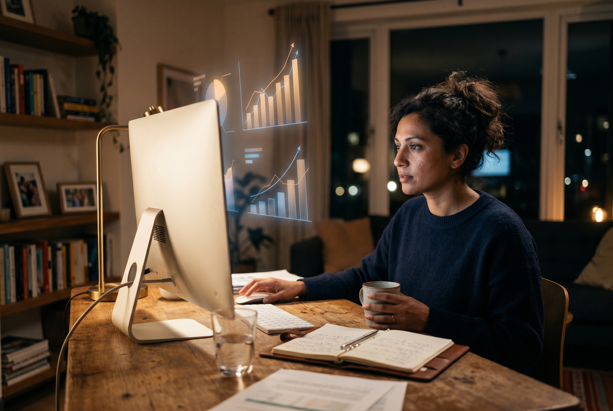 Ecommerce founder reviewing a glowing analytics dashboard at night with rising revenue and margin charts floating above the screen