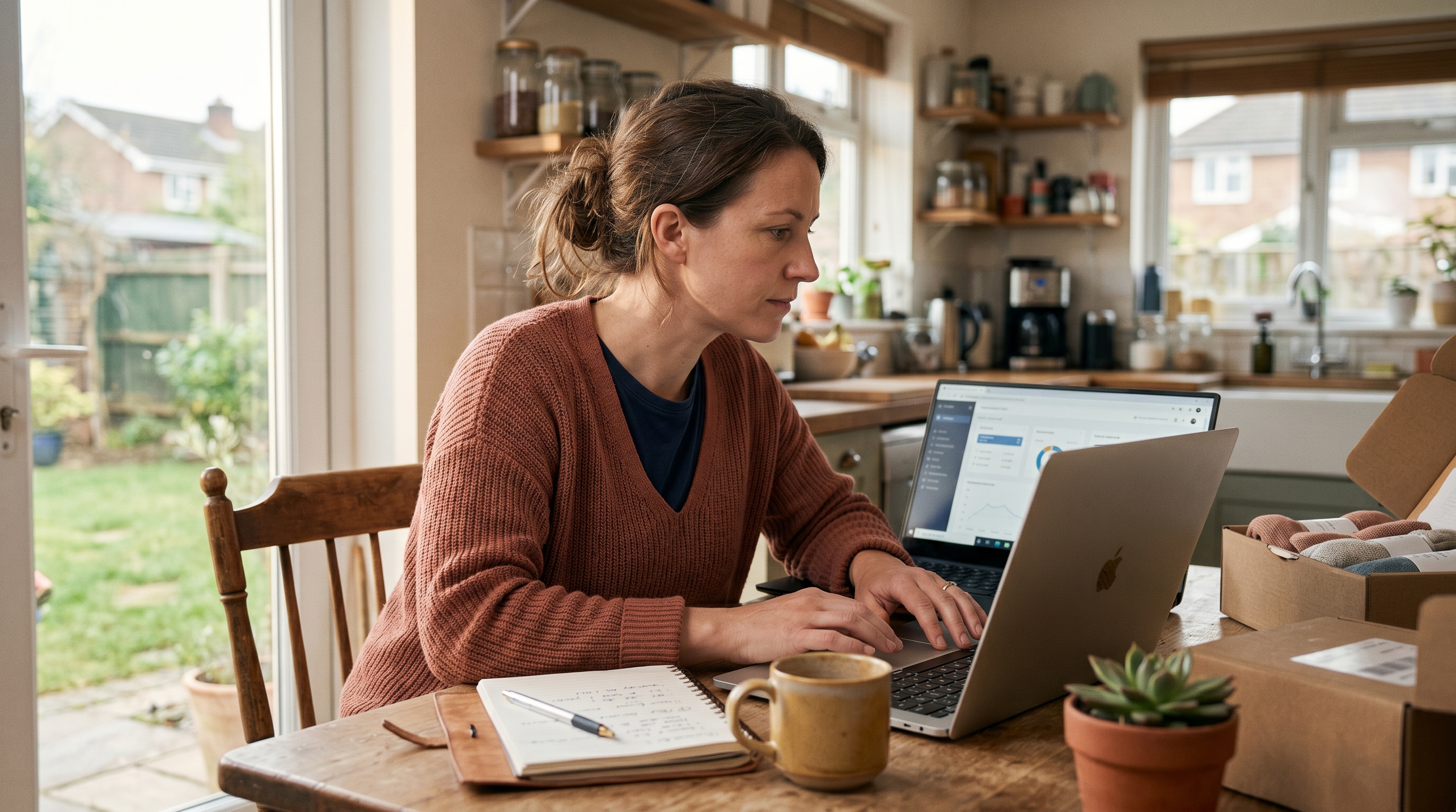 Small business owner sitting at a kitchen table comparing two laptops while setting up an online store in the morning