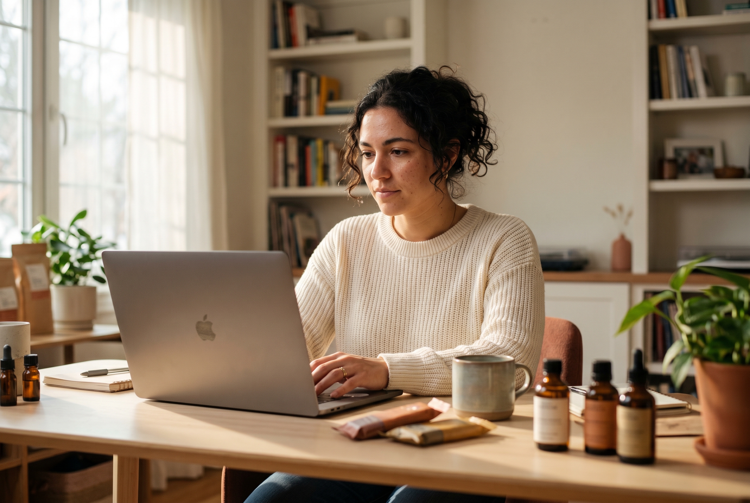 Founder reviewing a freshly built storefront on a laptop in a sunlit home office with product samples on the desk