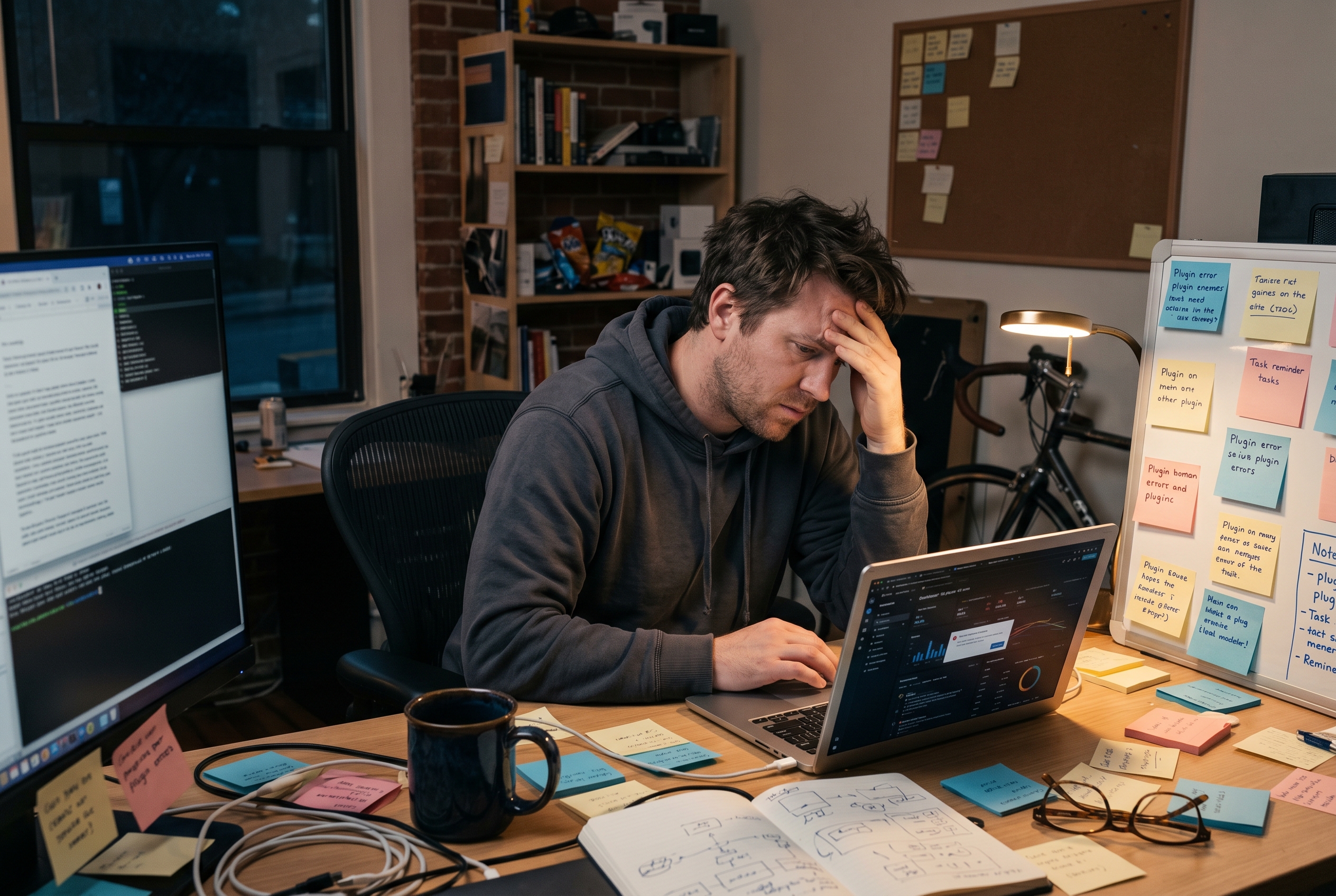 Frustrated entrepreneur surrounded by sticky notes and an open laptop late at night troubleshooting plugin errors in a small office