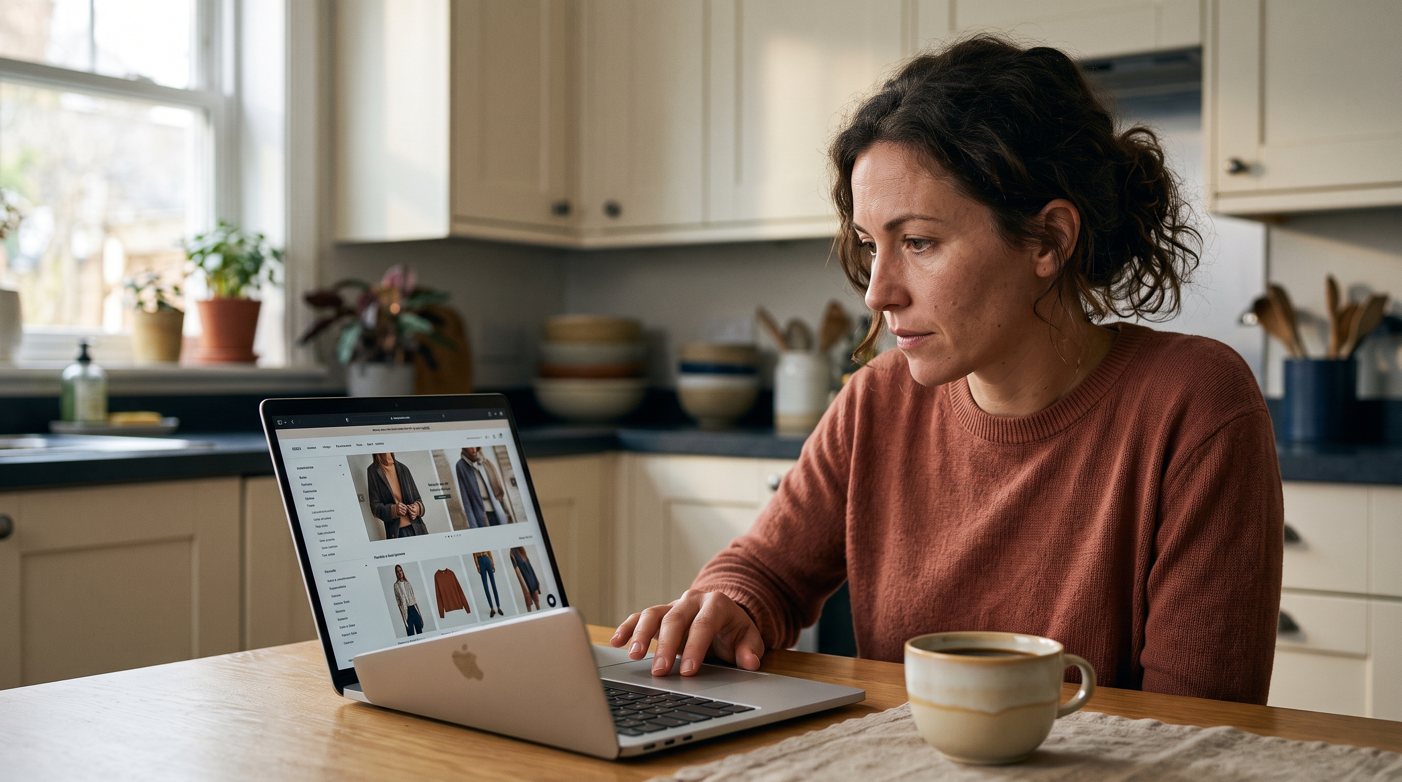 Woman shopping on a laptop at a kitchen table with a coffee cup, browsing a clothing store storefront