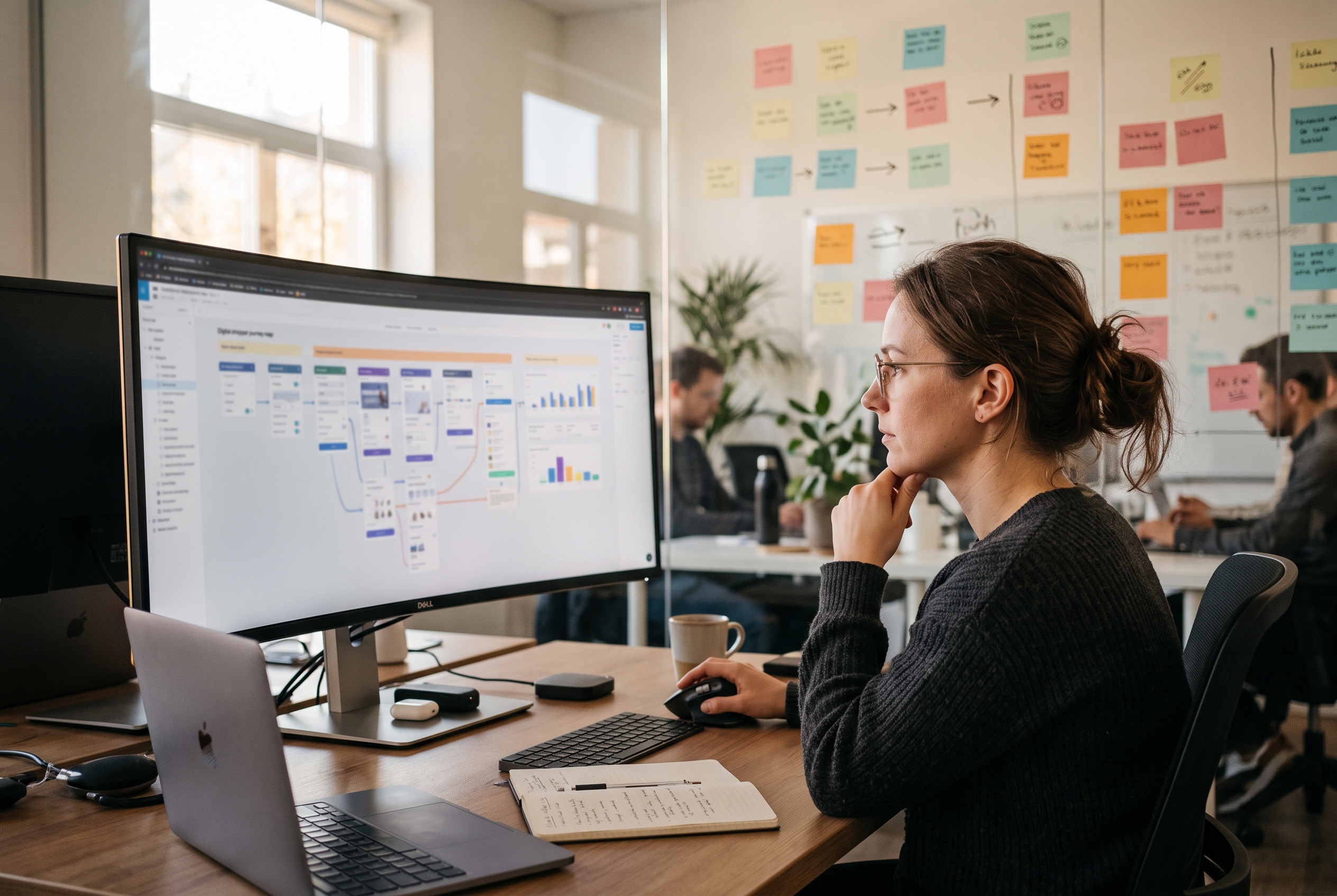 Developer studying a shopper journey on a wide monitor in a modern office with sticky notes on the glass wall behind