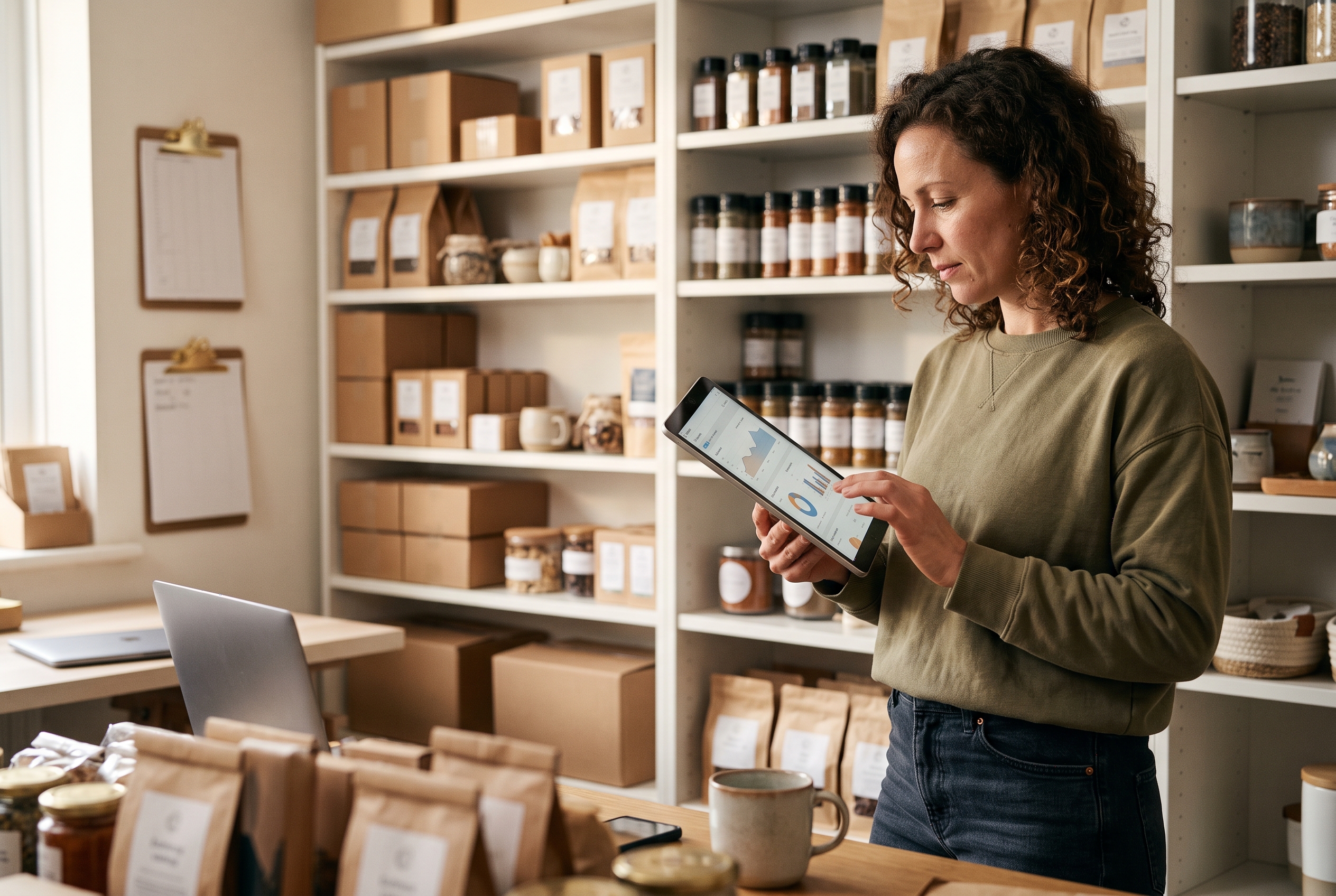 Small business owner reviewing sales figures on a tablet while standing beside shelves of packaged products in a home studio