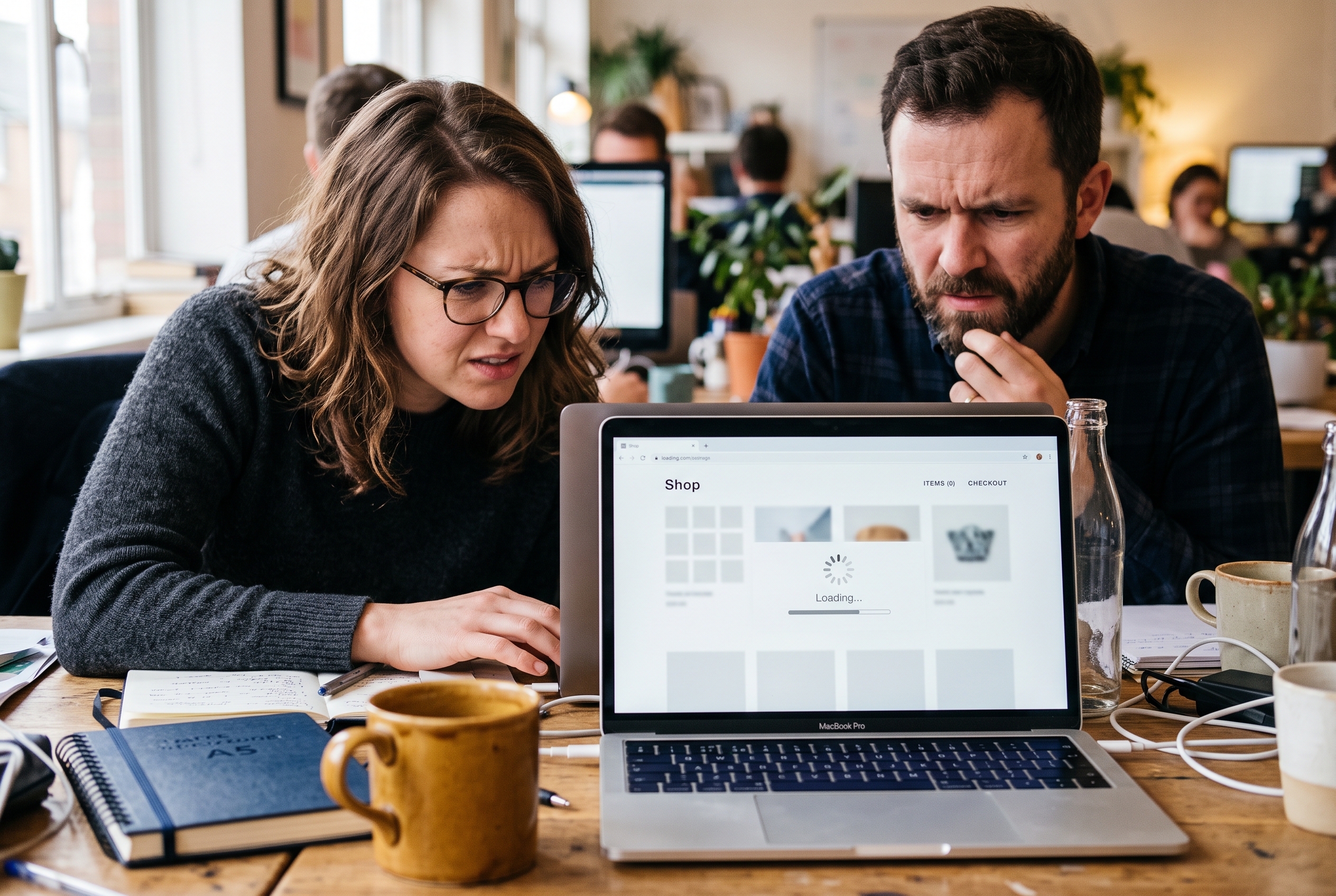 Two colleagues frowning at a slow-loading store on a laptop in a cluttered office with coffee cups and notebooks