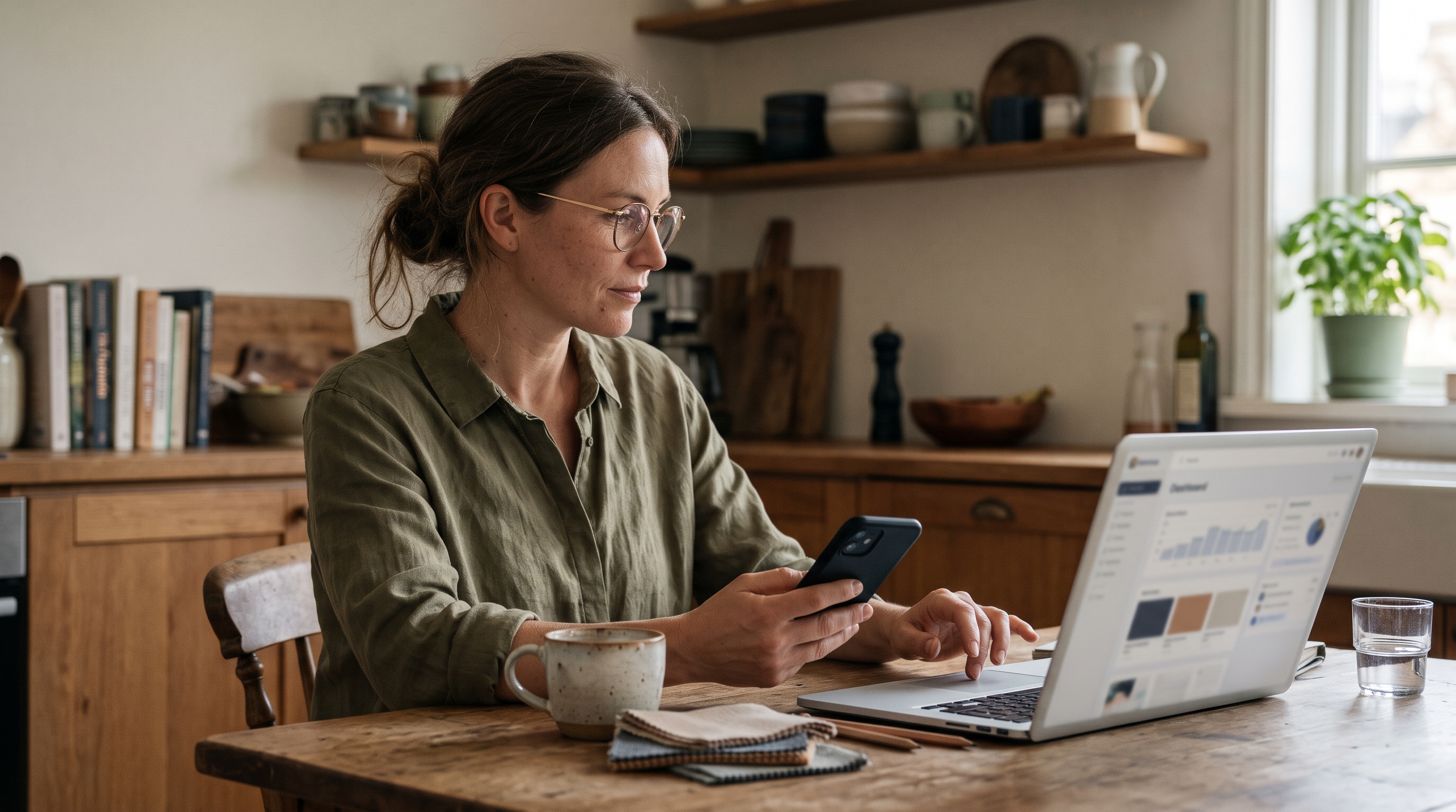 Store owner holding a smartphone while reviewing her online shop layout on a laptop at a kitchen table