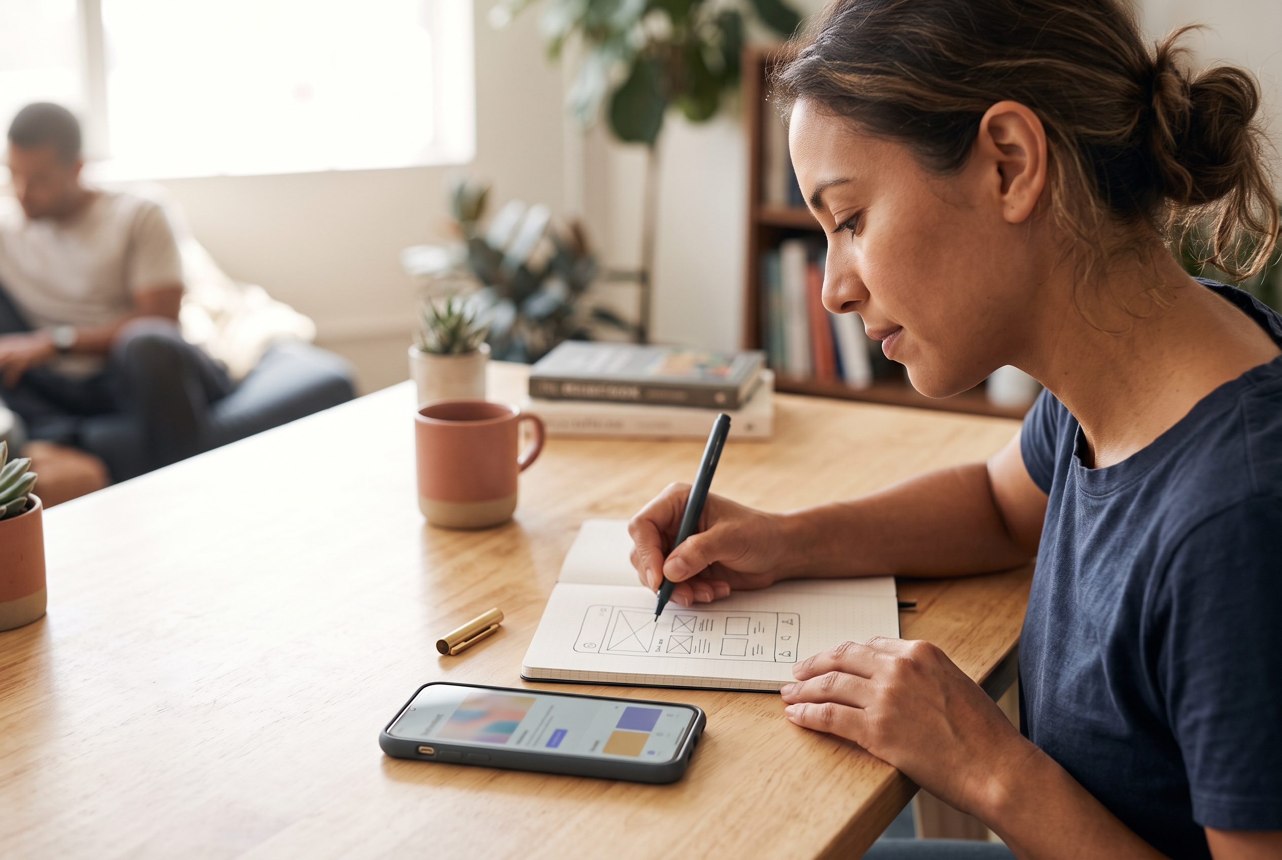 Designer sketching a phone-sized homepage wireframe on paper next to a smartphone on a bright desk