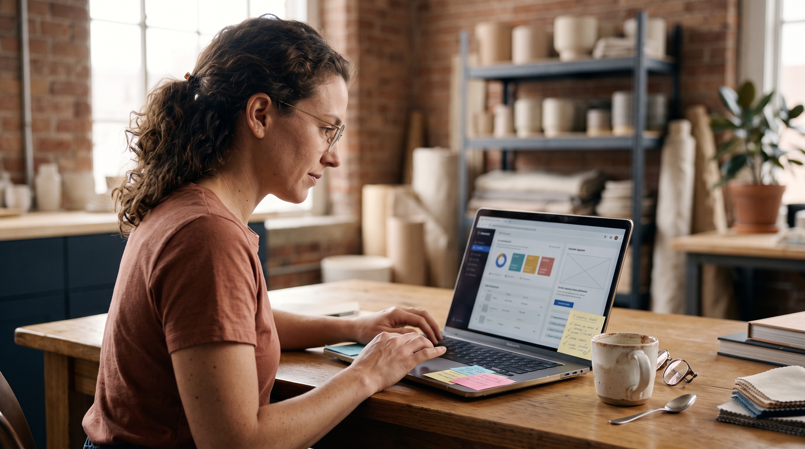 Store owner reviewing a product page on a laptop with sticky notes and a coffee on a wooden desk