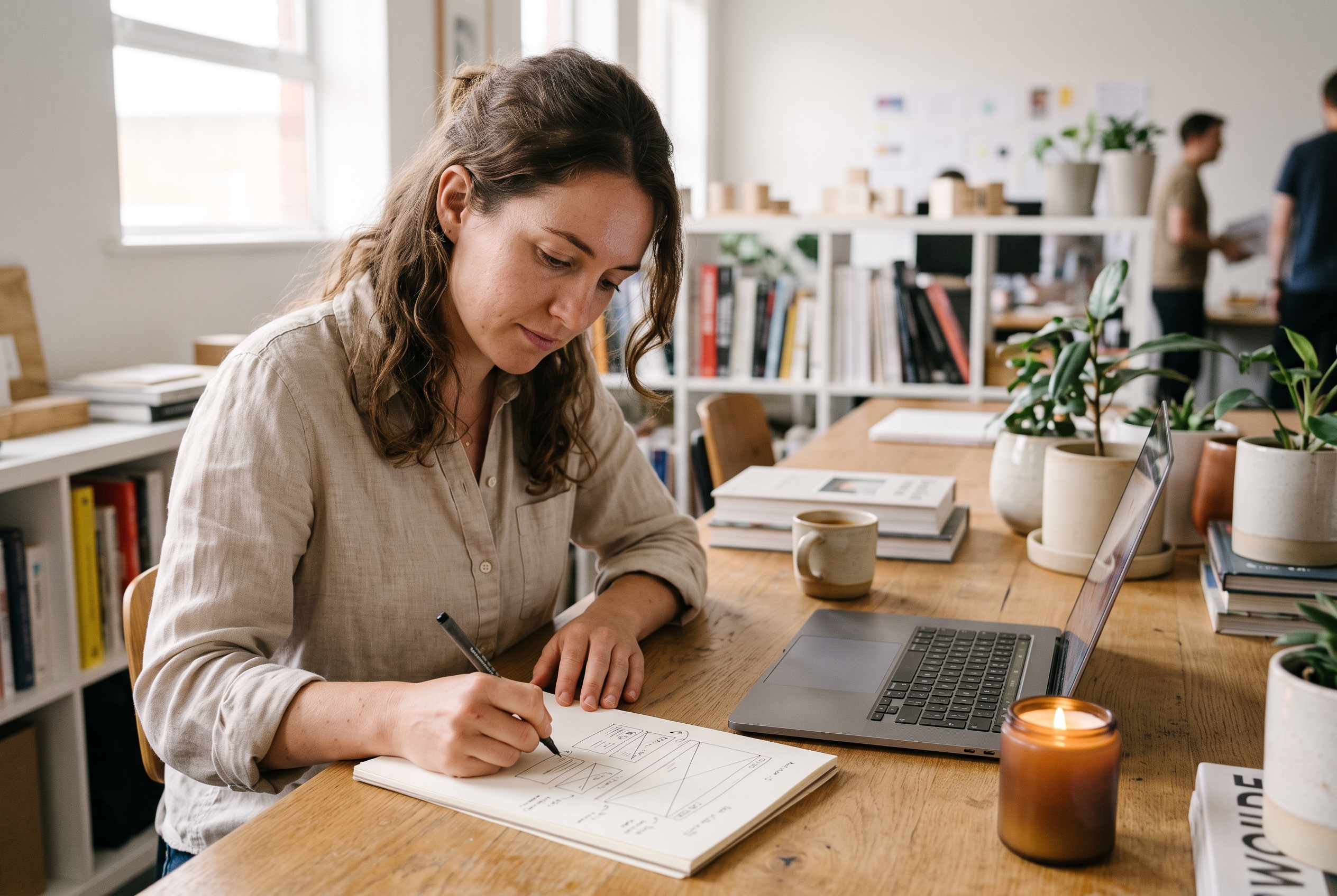 Designer sketching a product page wireframe on paper next to a laptop showing a candle store