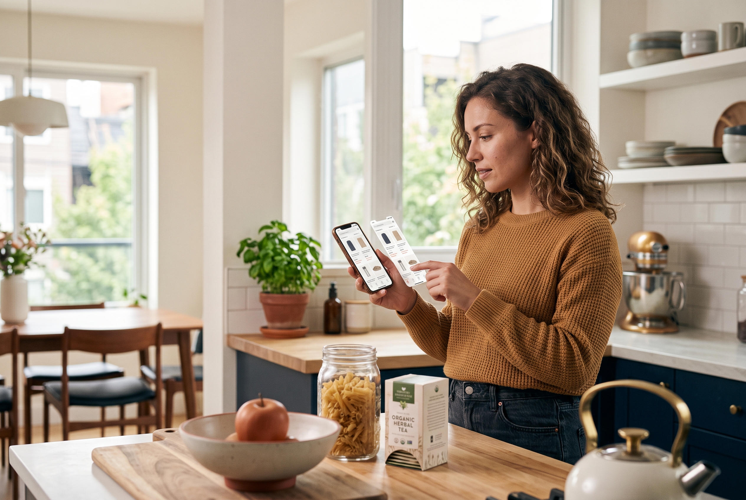 Shopper comparing two product pages on a phone while standing in a bright kitchen