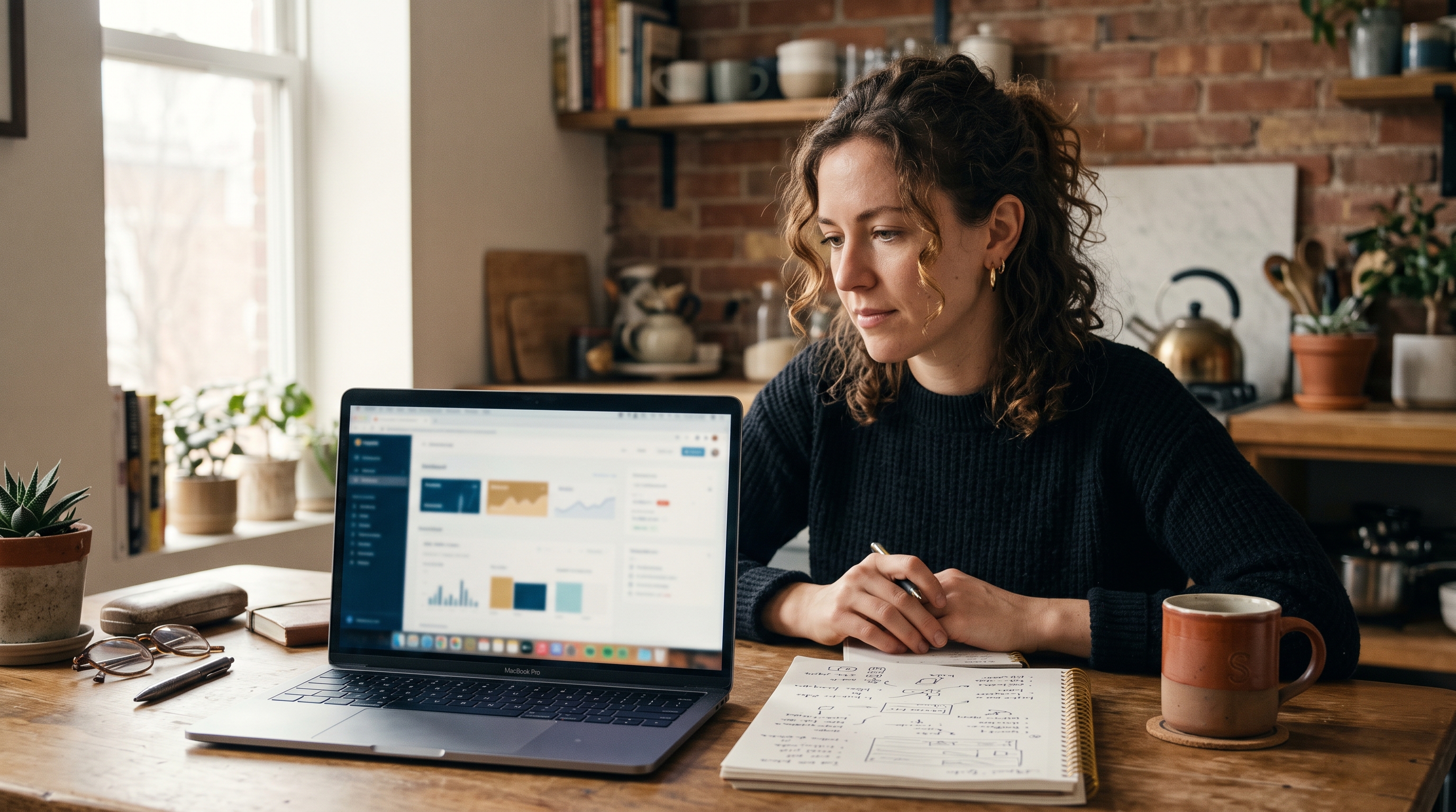 Store owner at a kitchen table comparing her old website on a laptop with handwritten redesign notes beside a coffee mug