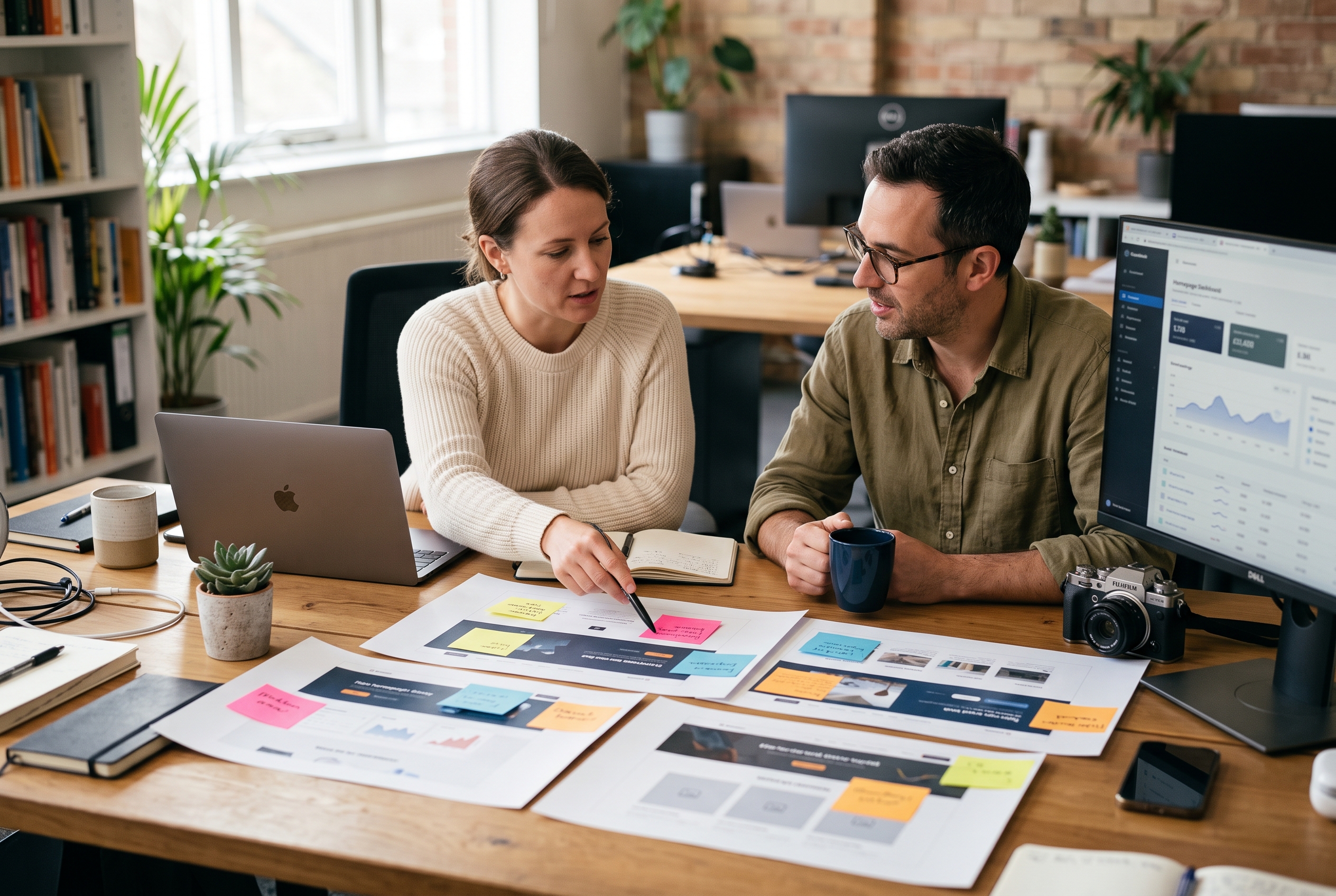 Two co-founders reviewing printed homepage screenshots with sticky notes marking problem areas on a studio desk