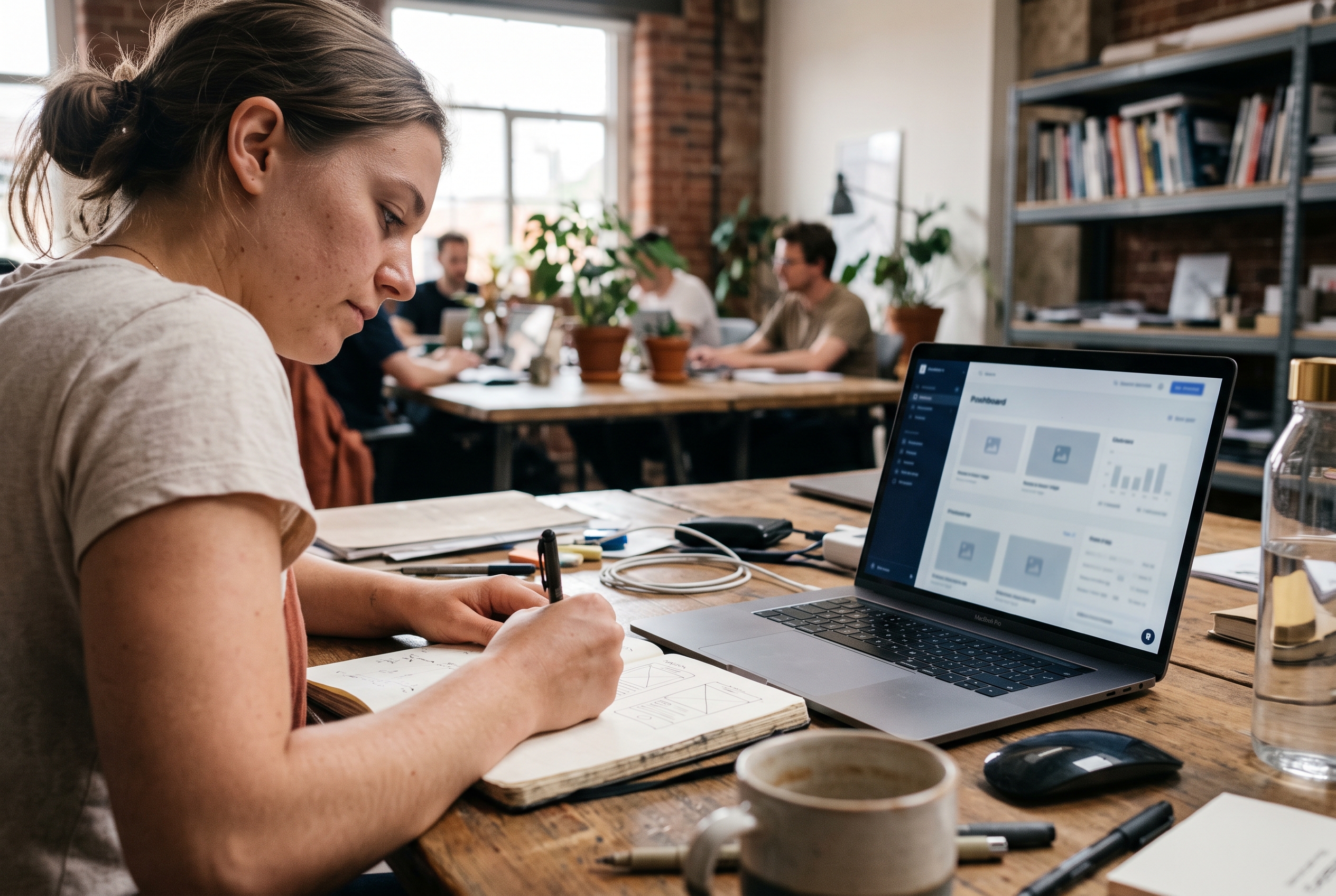 Designer sketching a mobile homepage wireframe in a notebook next to a laptop showing a product page