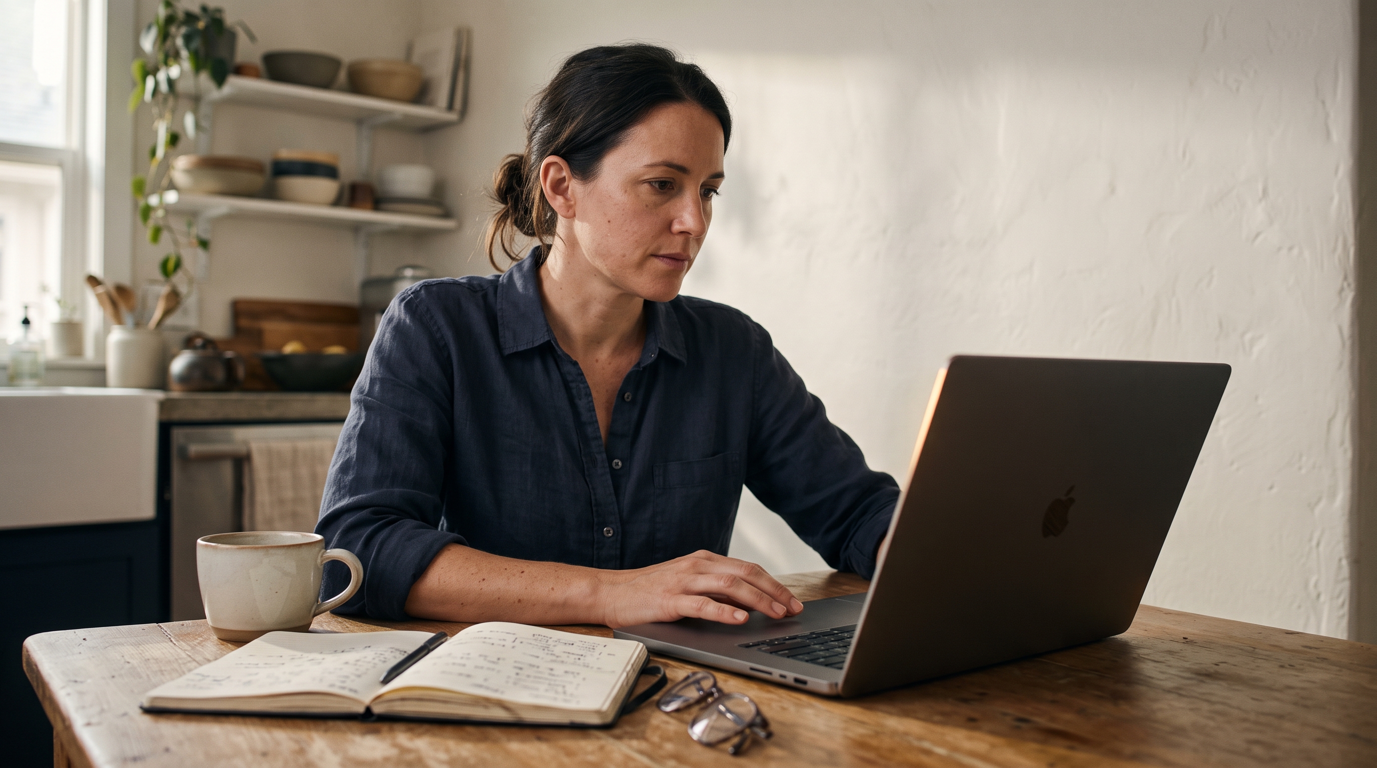 Small business owner comparing pricing pages on a laptop at a kitchen table with a coffee mug and notebook
