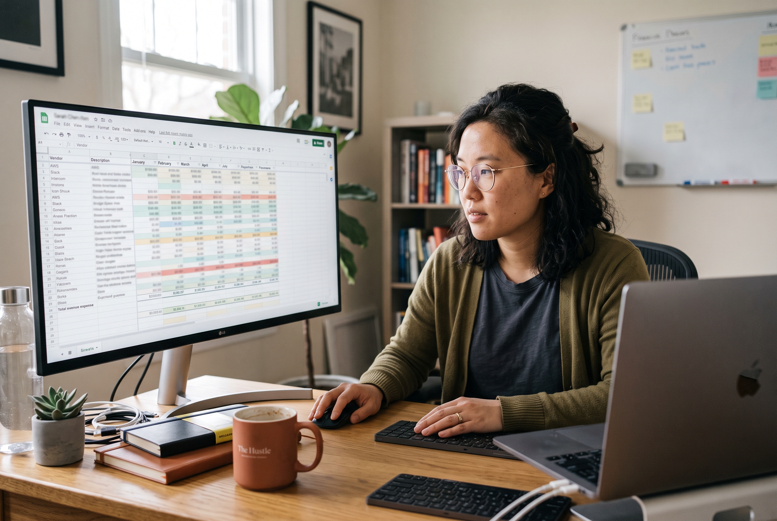 Founder reviewing a spreadsheet of monthly software bills on a wide monitor in a small home office