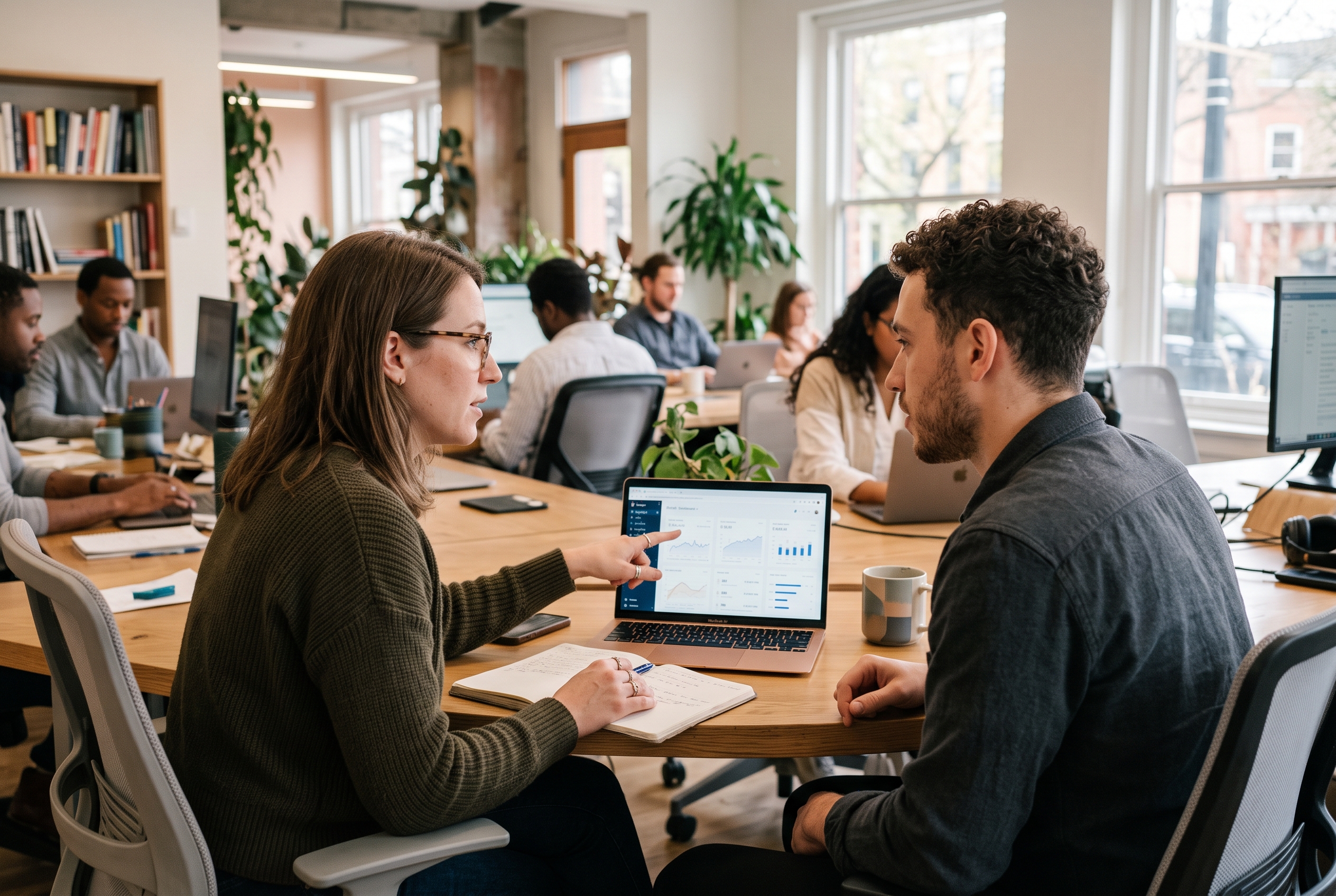 Two colleagues comparing store dashboards side by side on a laptop in a bright coworking space