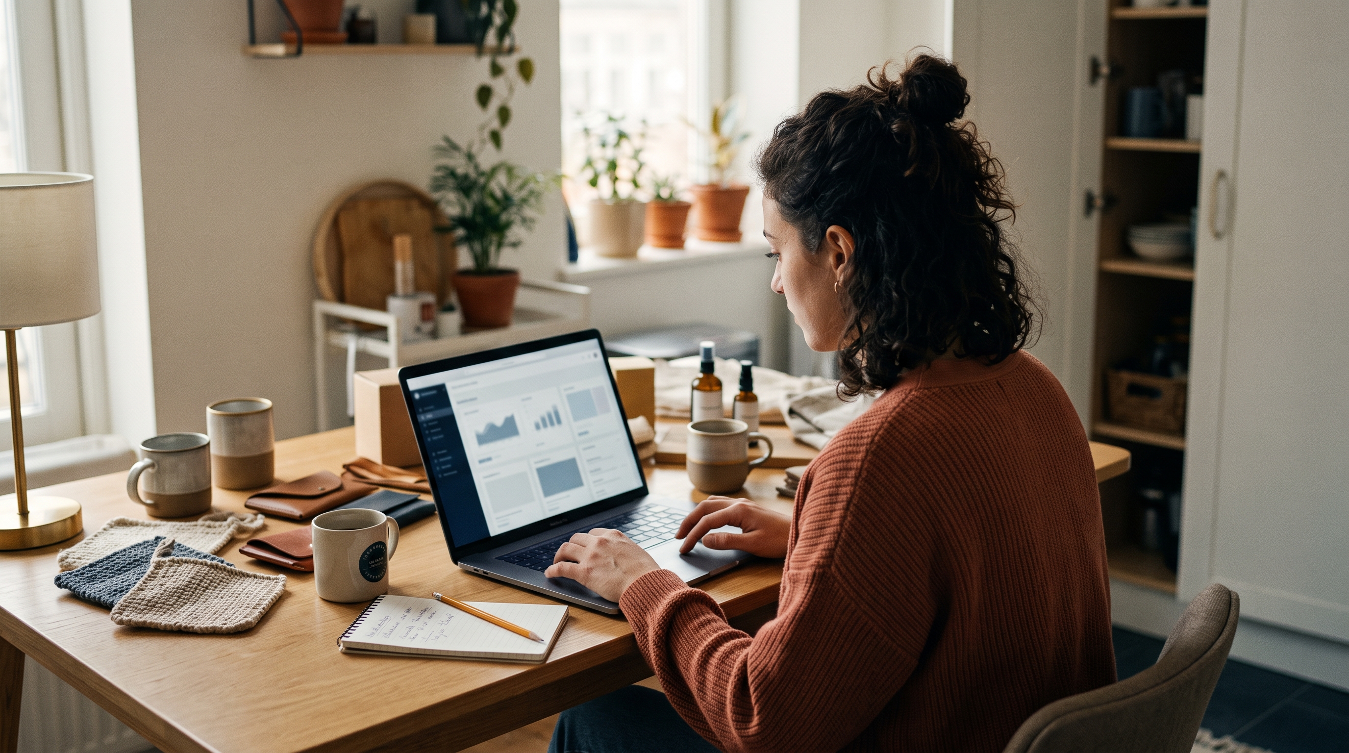 Young entrepreneur setting up an online store on a laptop at a kitchen table with product samples nearby