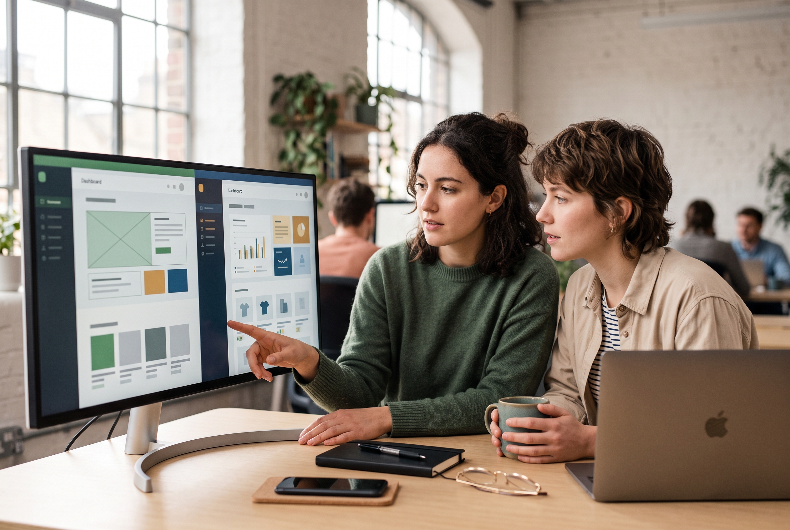 Two founders comparing store options side by side on a wide monitor in a bright coworking space