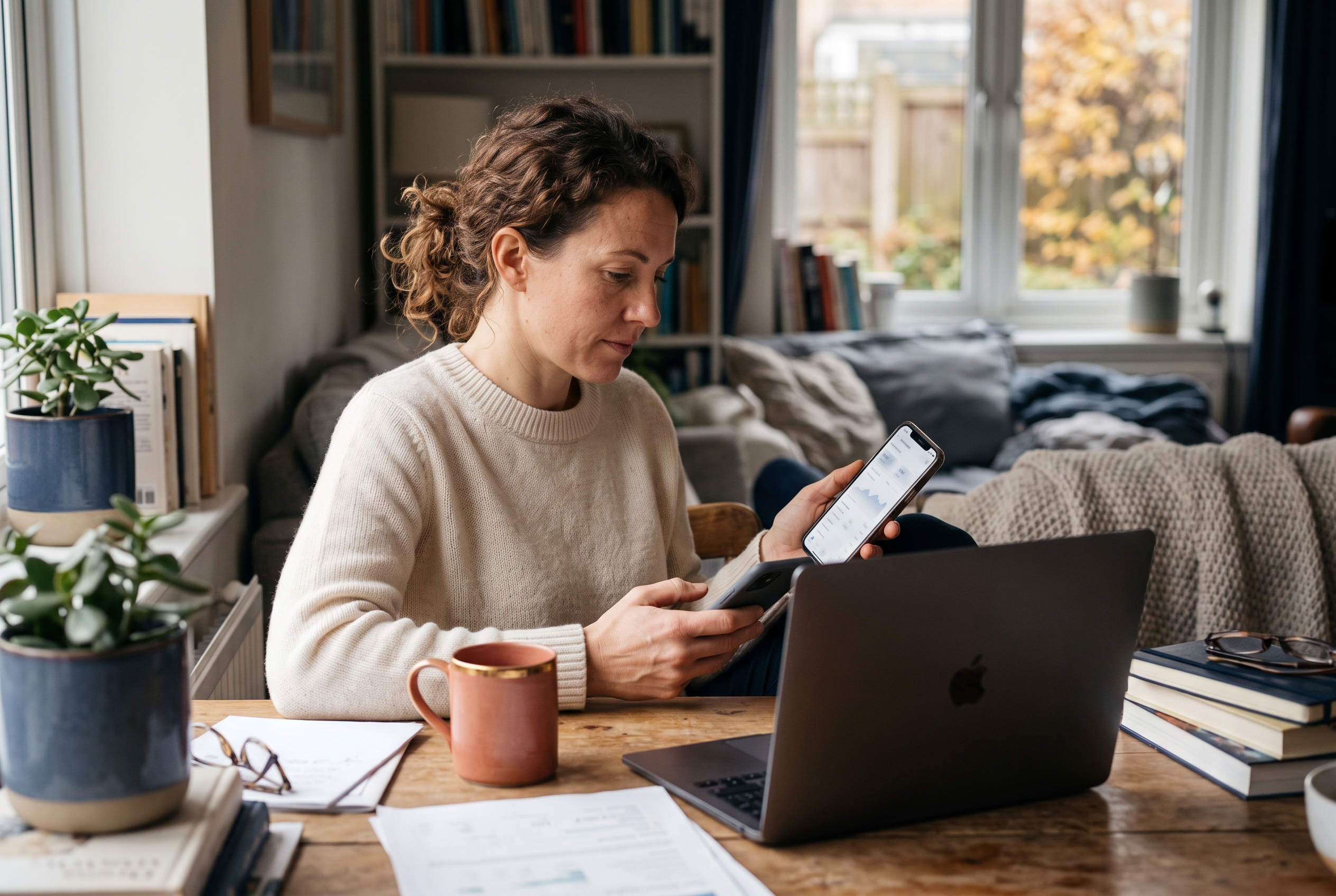 Small business owner checking a store dashboard on a phone over morning coffee at a home desk