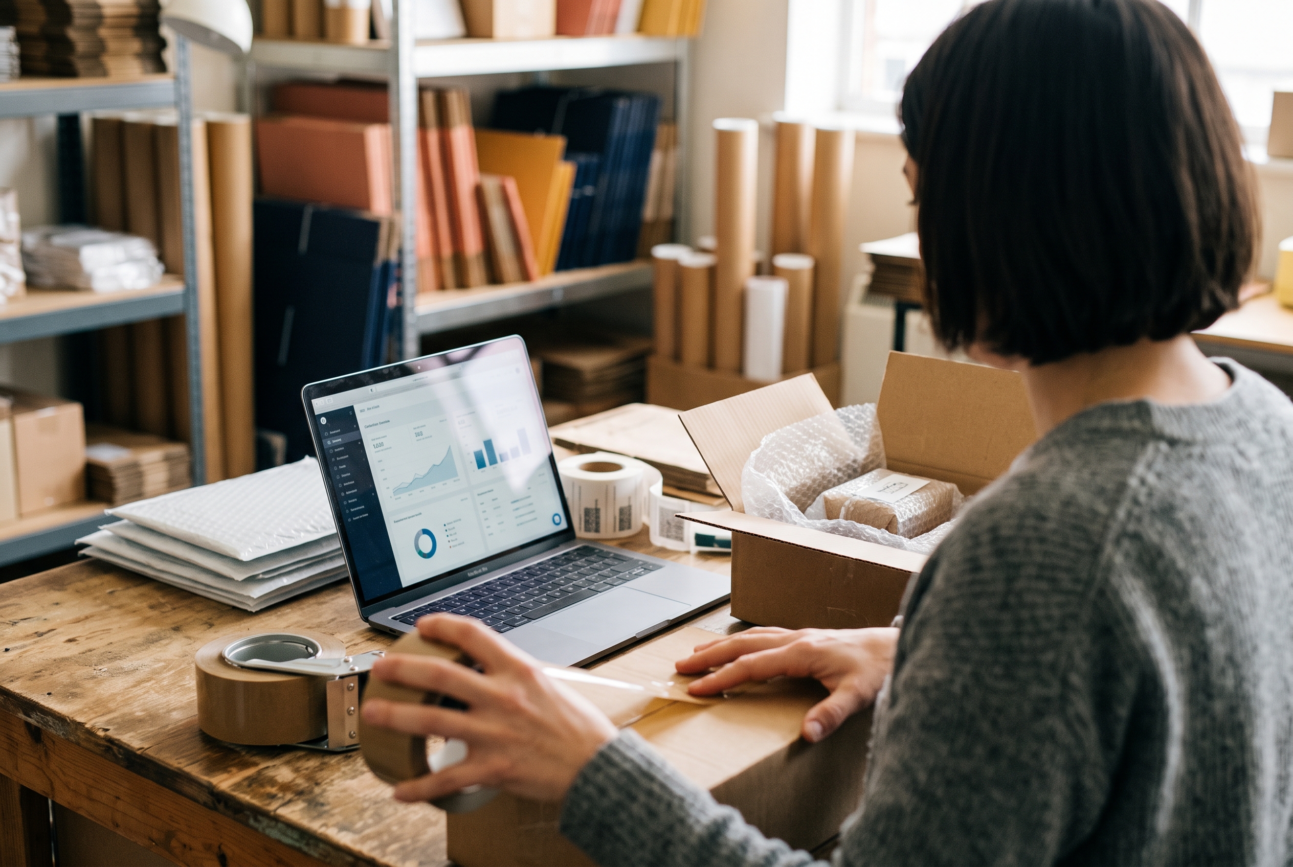Founder packing a customer order at a small warehouse desk with a laptop showing incoming sales