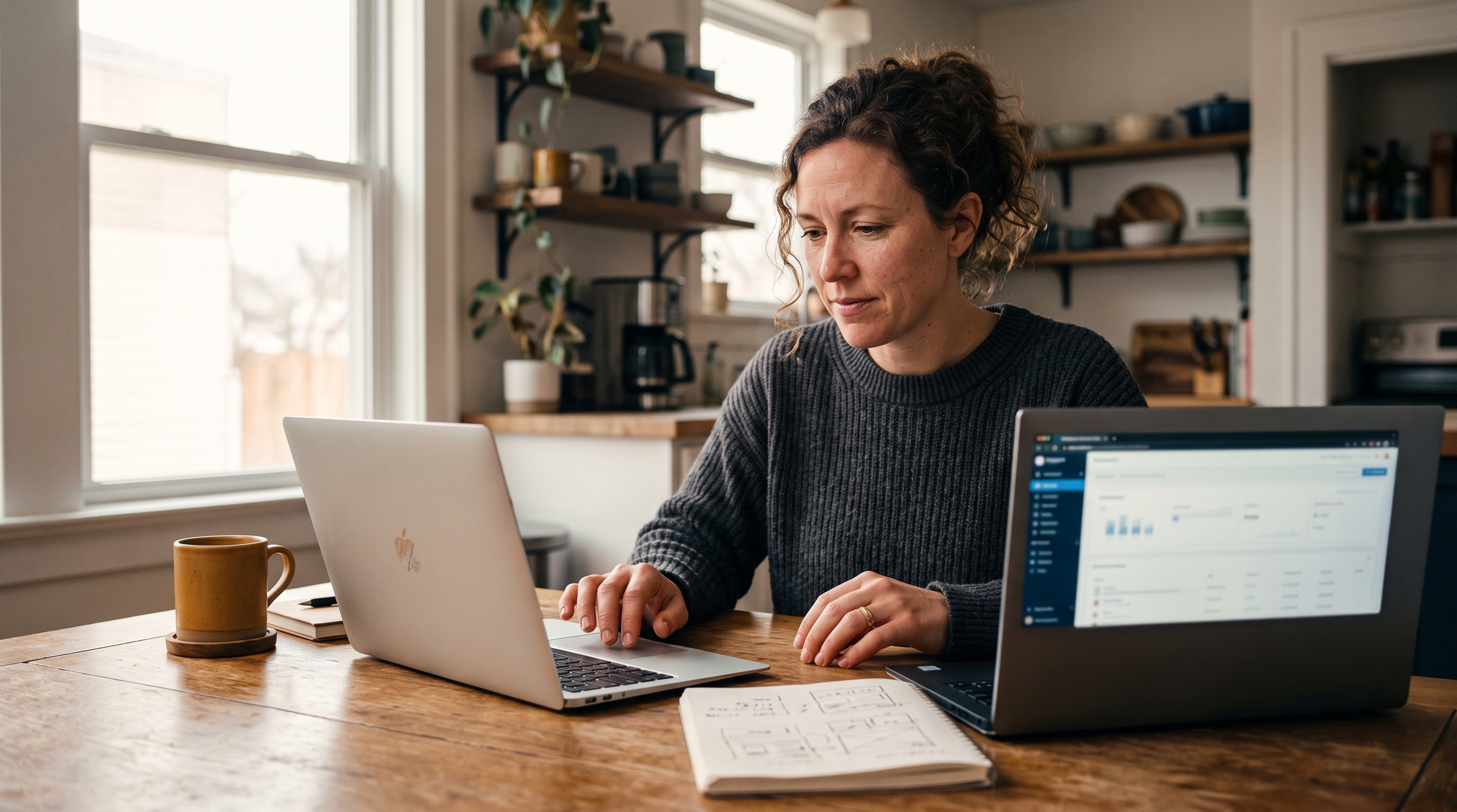 Small business owner comparing two laptops on a kitchen table while planning an online store over morning coffee