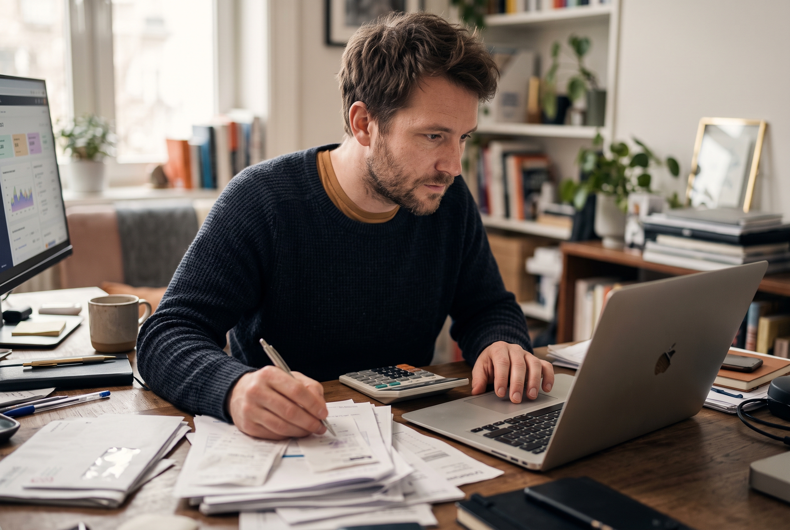 Founder reviewing a stack of subscription invoices on a laptop at a cluttered desk with a calculator nearby