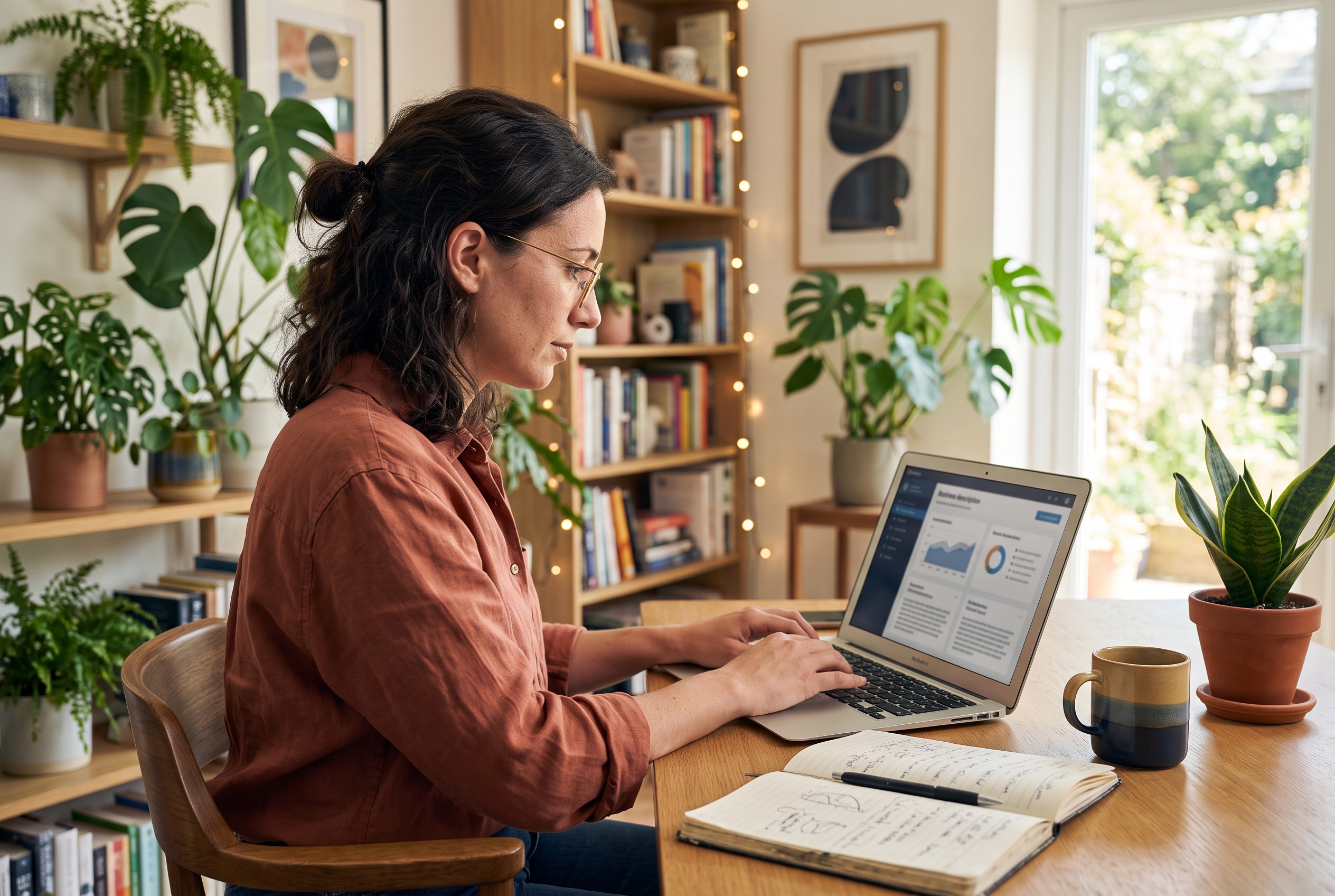 Entrepreneur typing a business description into a laptop in a bright home office with plants and a notebook on the desk
