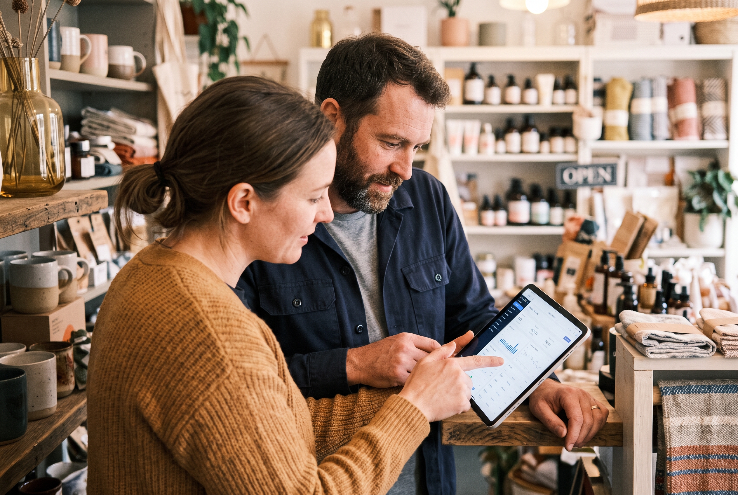 Two shop owners reviewing their online store's dashboard together on a tablet in a small retail space with products on shelves behind them
