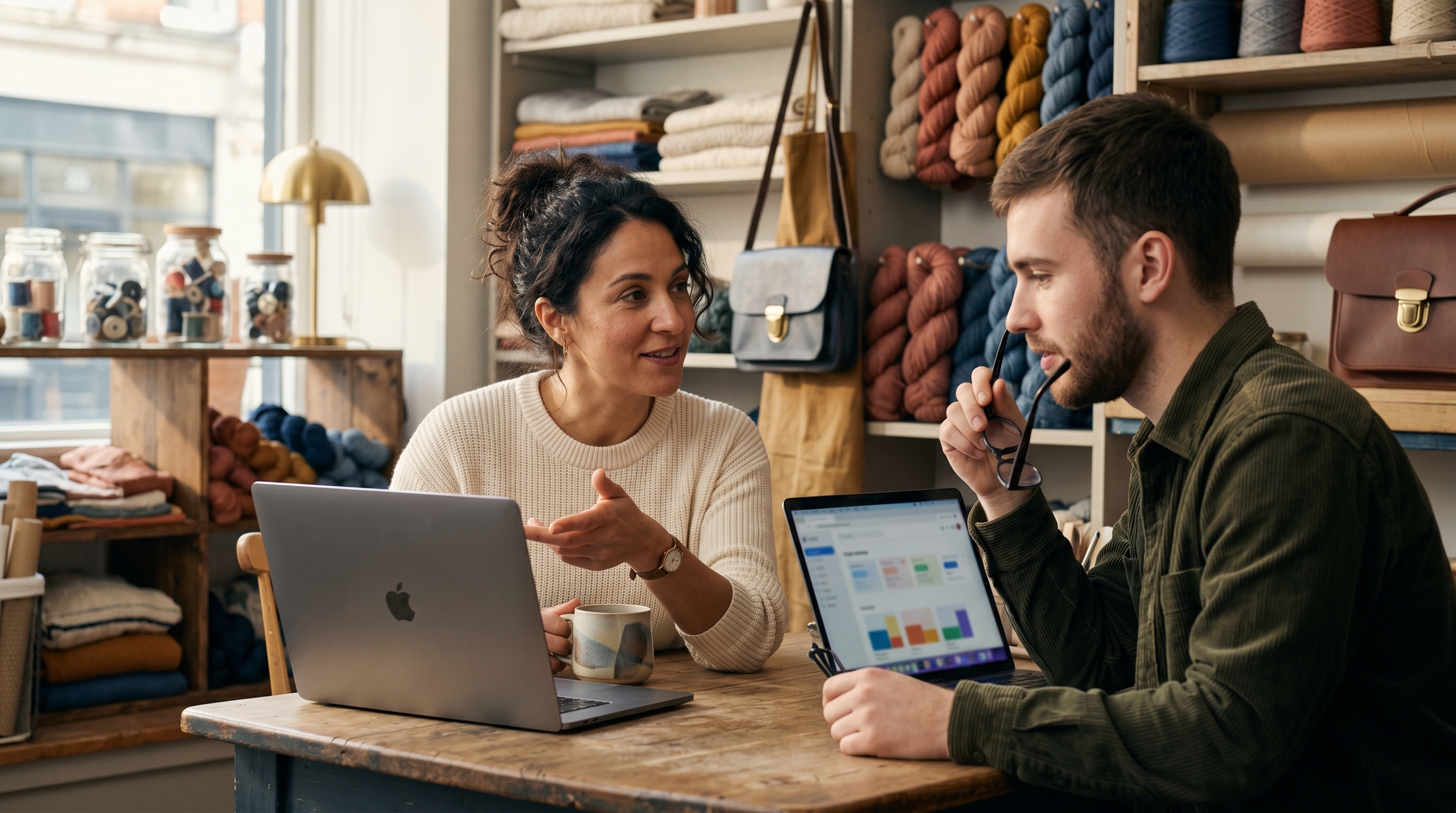 Small business owner describing their shop to a laptop as a full online store assembles on screen