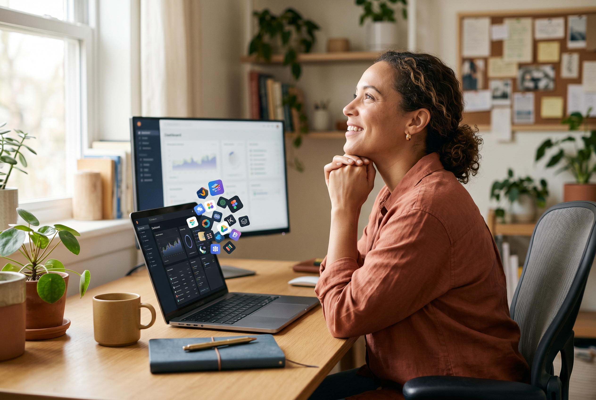 Merchant looking relieved as a tangled pile of plugin icons collapses into one clean dashboard