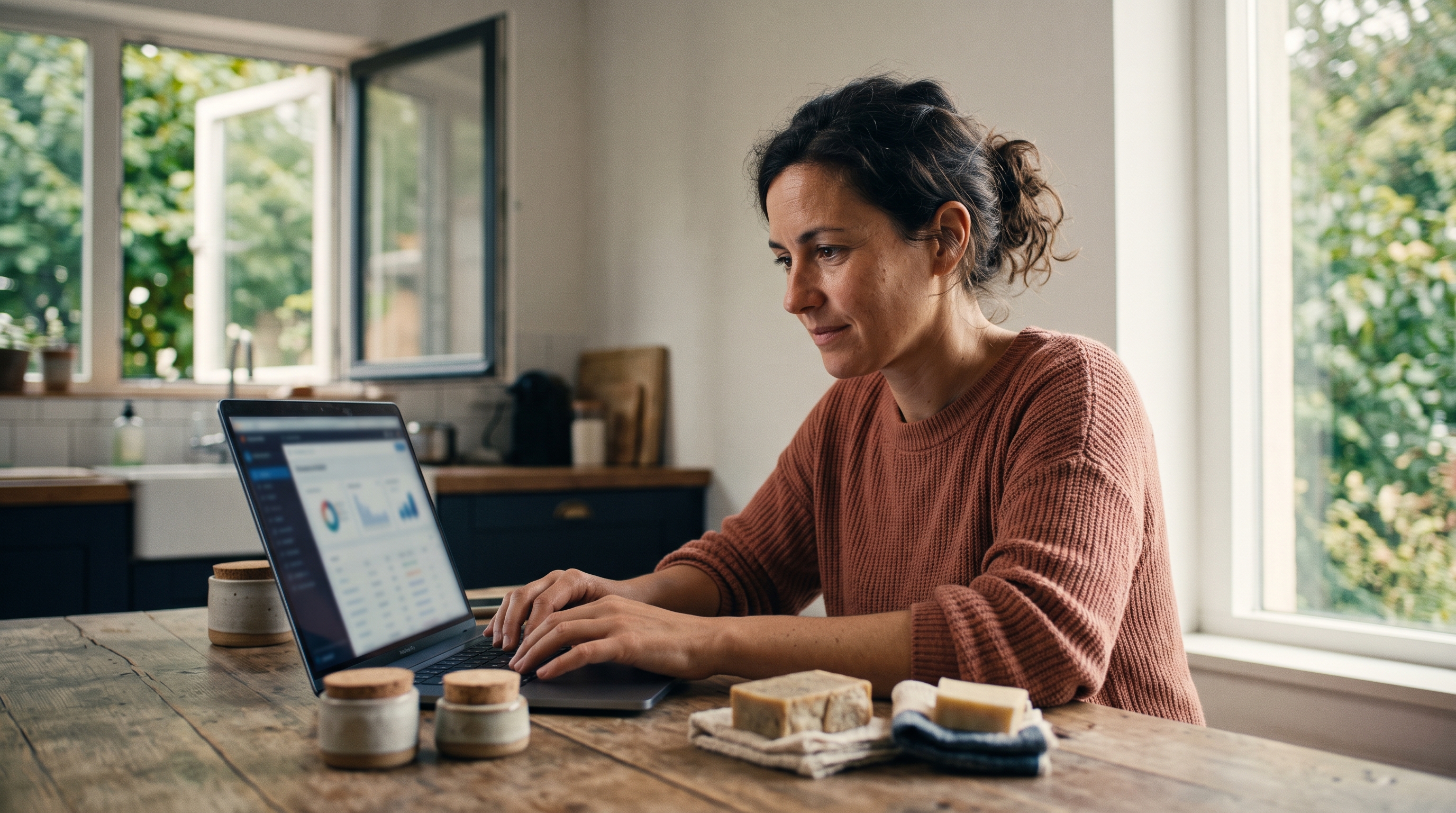 Small business owner typing a store description on a laptop at a kitchen table with product samples beside her