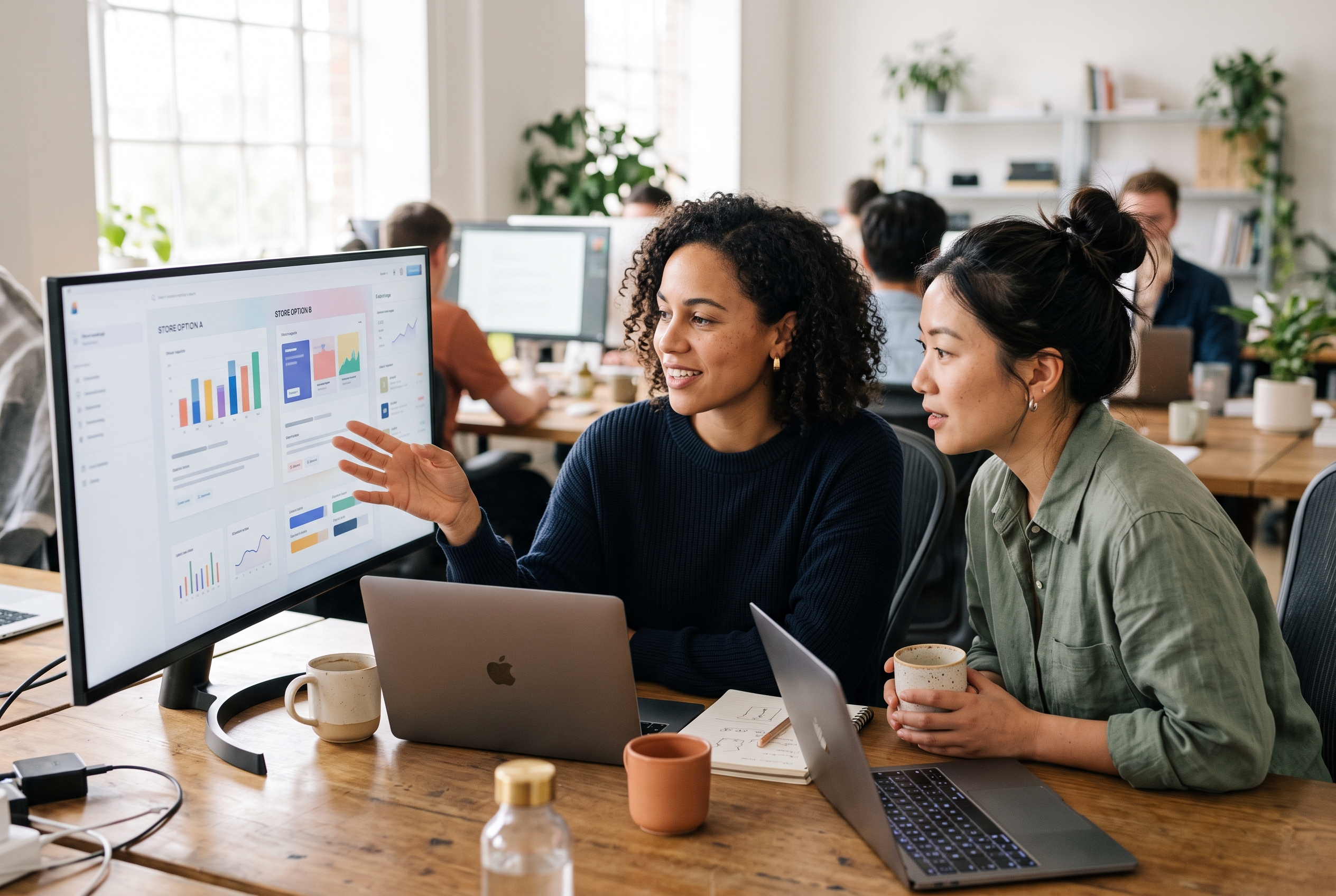Two founders comparing store options side by side on a wide monitor in a bright office with coffee cups on the desk