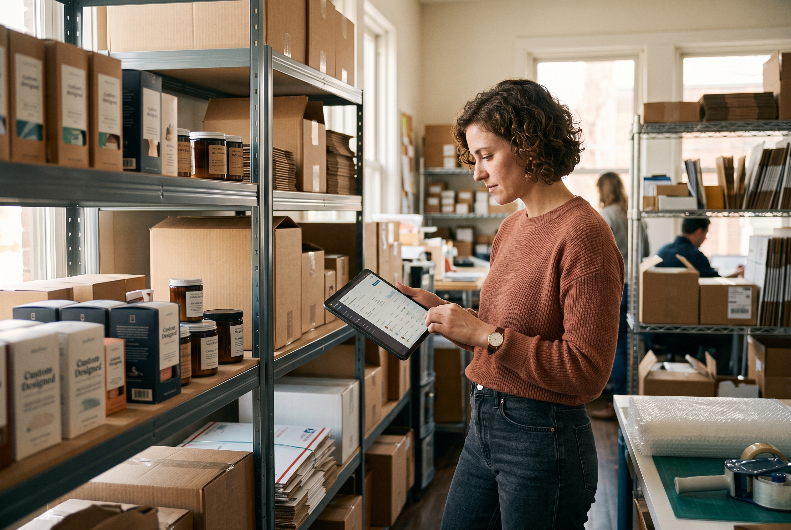 Founder reviewing a freshly launched online store on a tablet while standing among shelves of packaged products in a small studio
