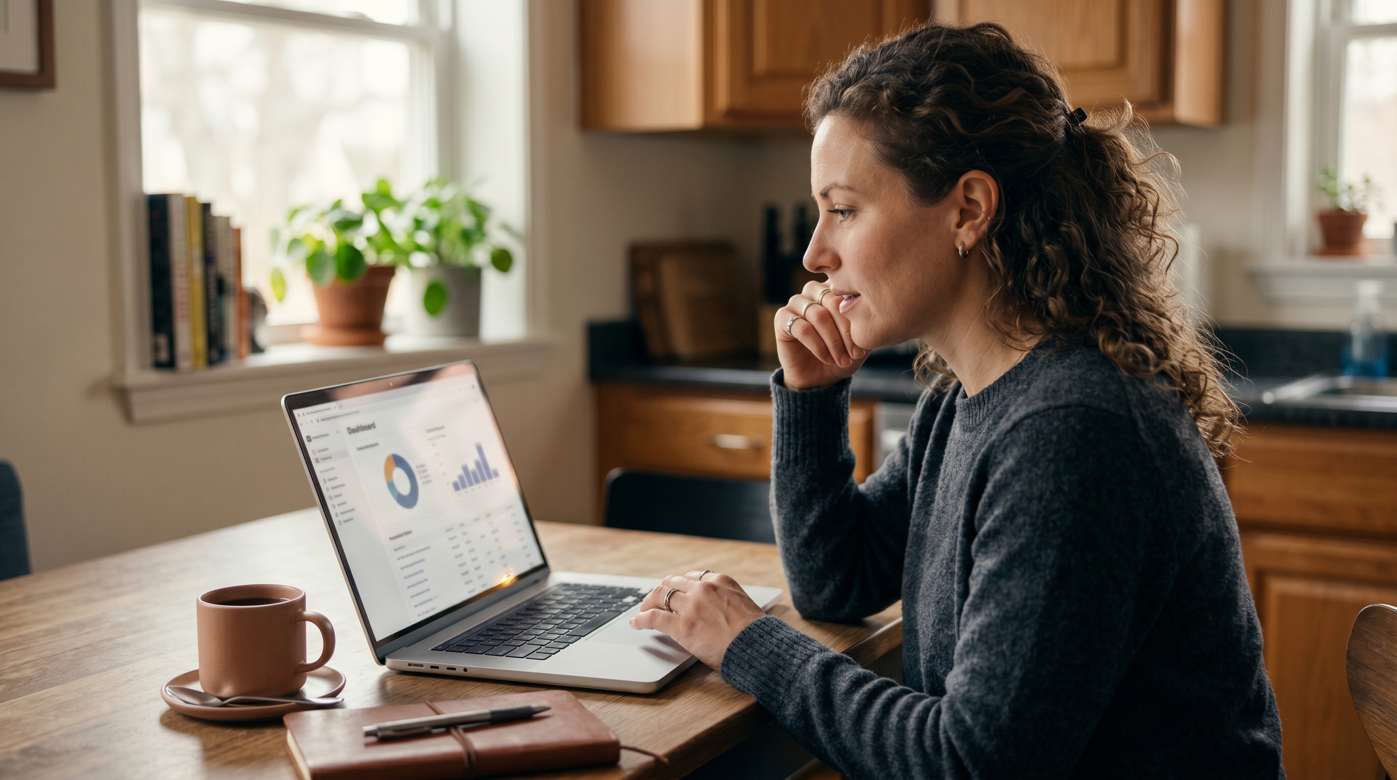Small business owner reviewing software subscription invoices on a laptop at a kitchen table with a coffee mug nearby