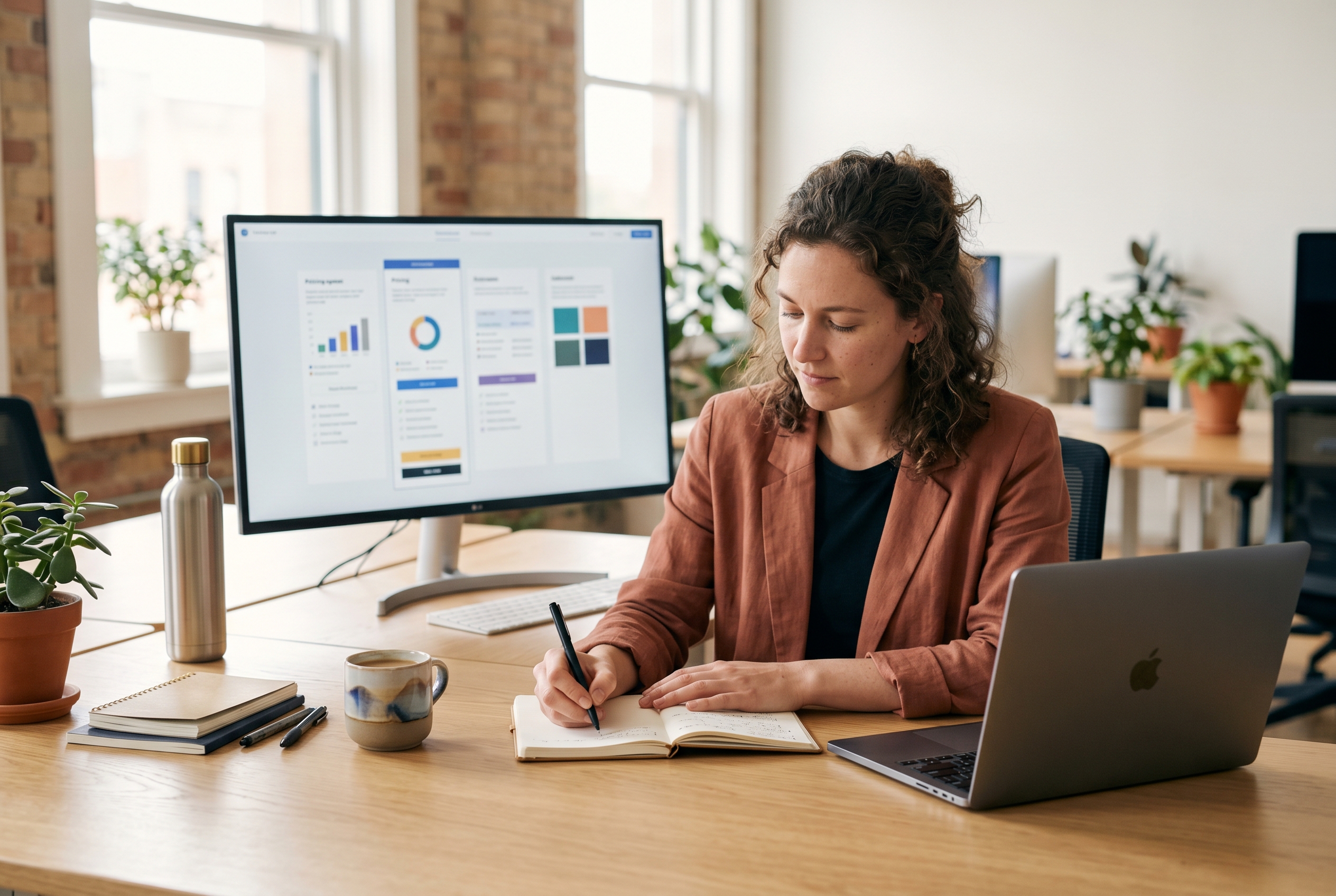 Founder at a desk comparing two pricing pages on a wide monitor while taking notes in a notebook in a bright office
