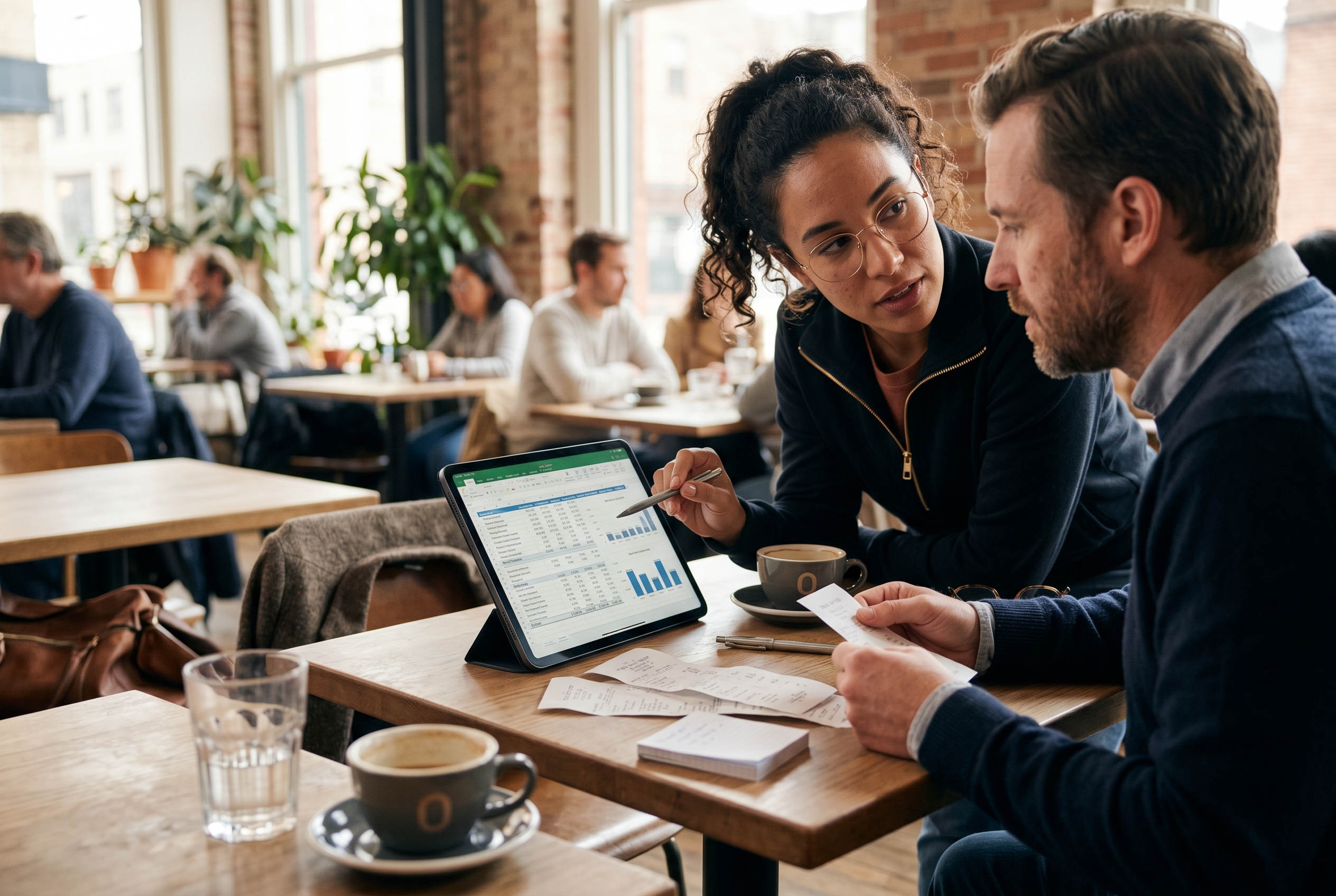 Two people at a cafe table reviewing a spreadsheet of monthly software costs on a tablet with receipts spread out