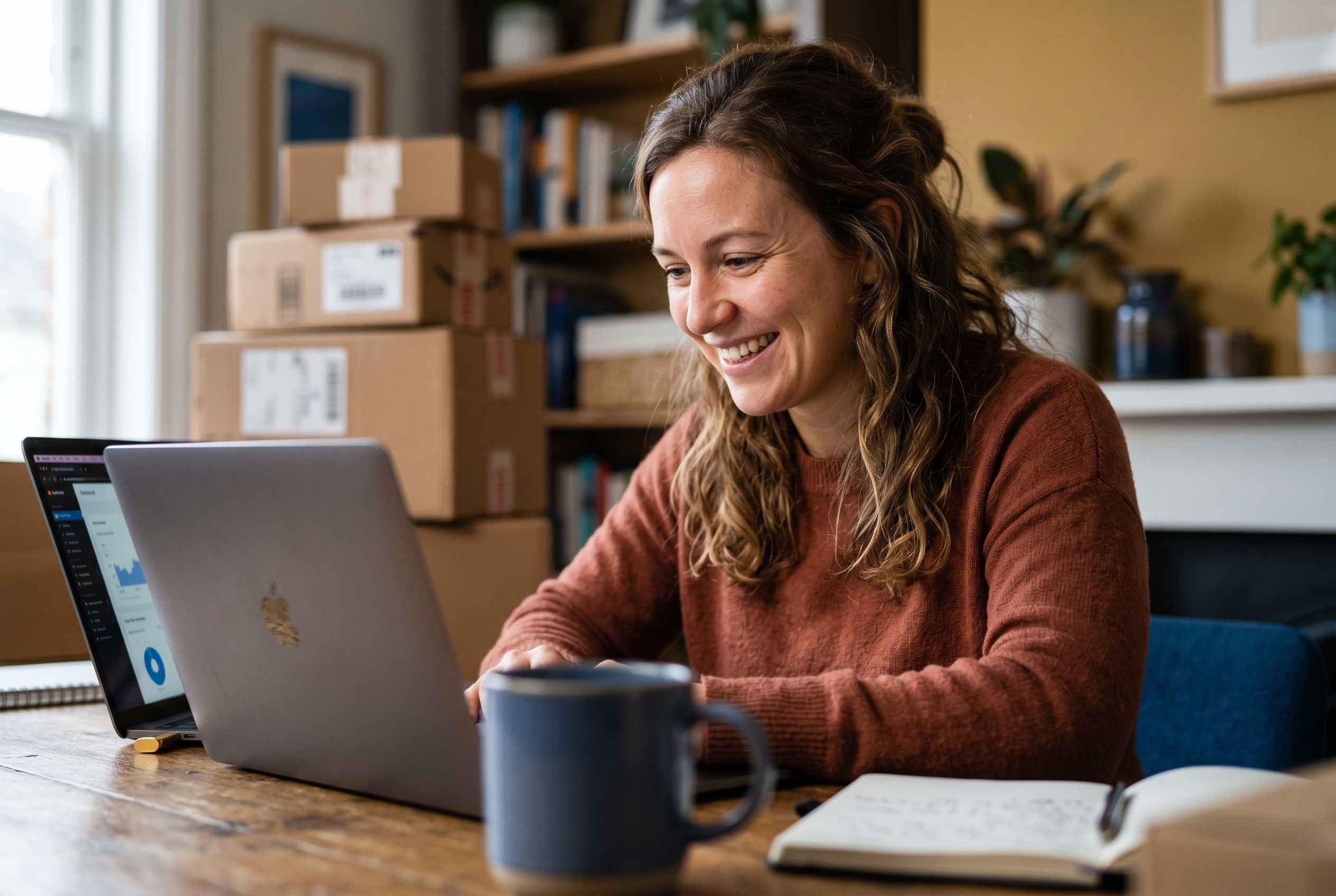 Entrepreneur smiling while setting up an online store on a laptop in a home office with shipping boxes stacked against the wall