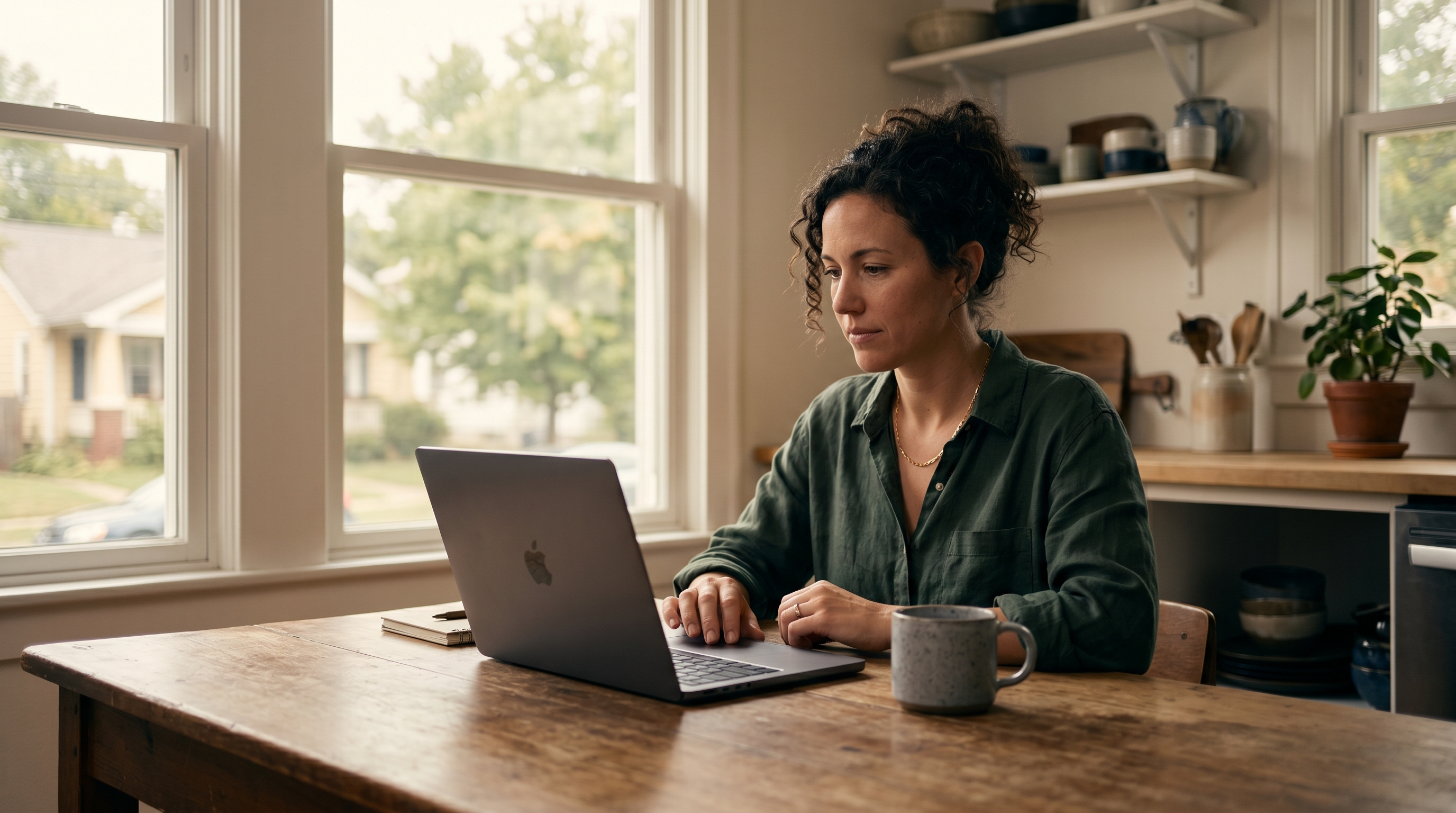 Small business owner testing a website builder on a laptop at a kitchen table with a coffee mug nearby