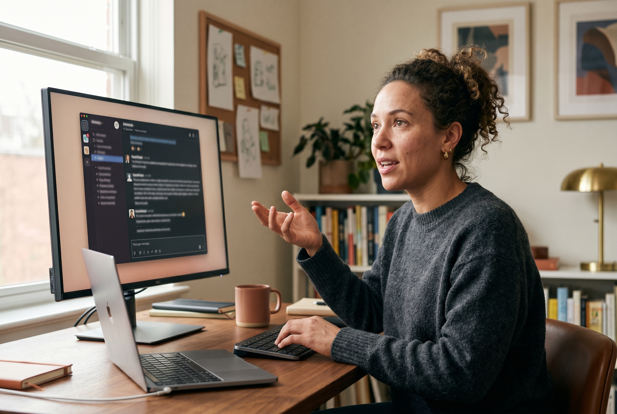 Founder describing her product idea out loud while typing into a chat window on a desktop monitor in a home office