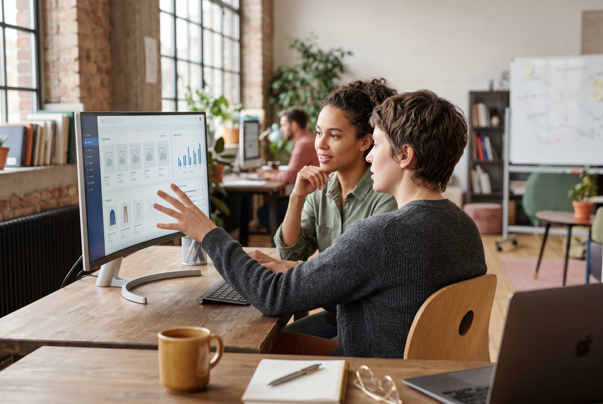 Two people reviewing a freshly generated online store on a wide monitor in a bright coworking space