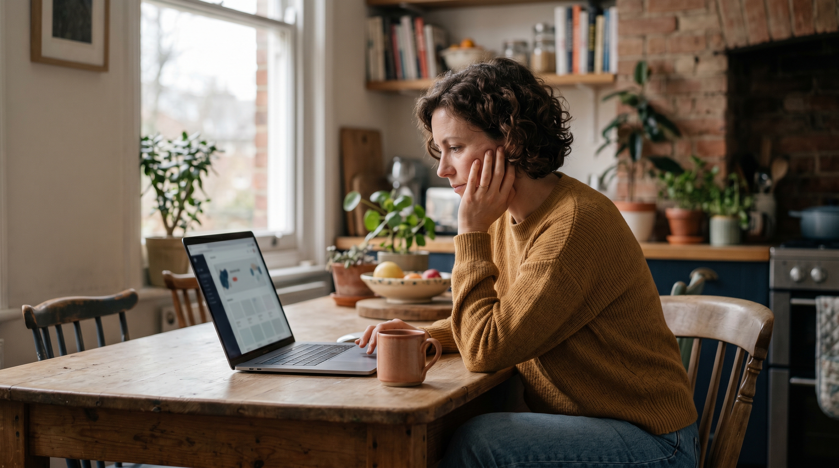 Small business owner sitting at a kitchen table comparing two website builders on a laptop with a coffee mug nearby