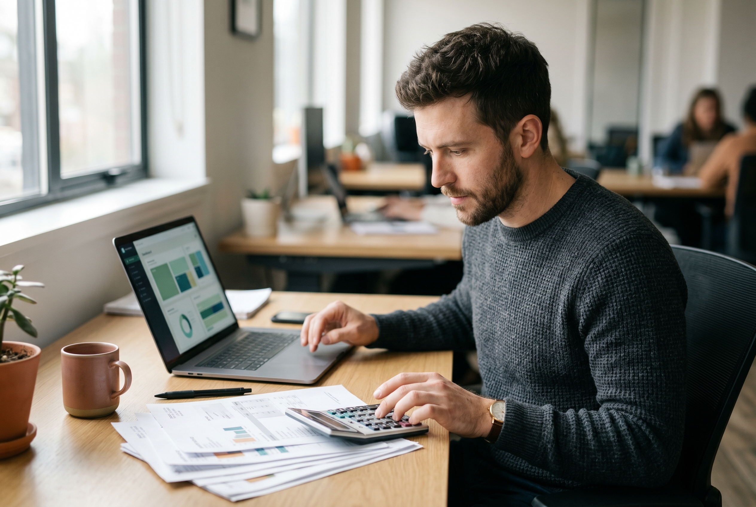 Entrepreneur reviewing a stack of subscription invoices spread across a desk with a calculator and laptop open