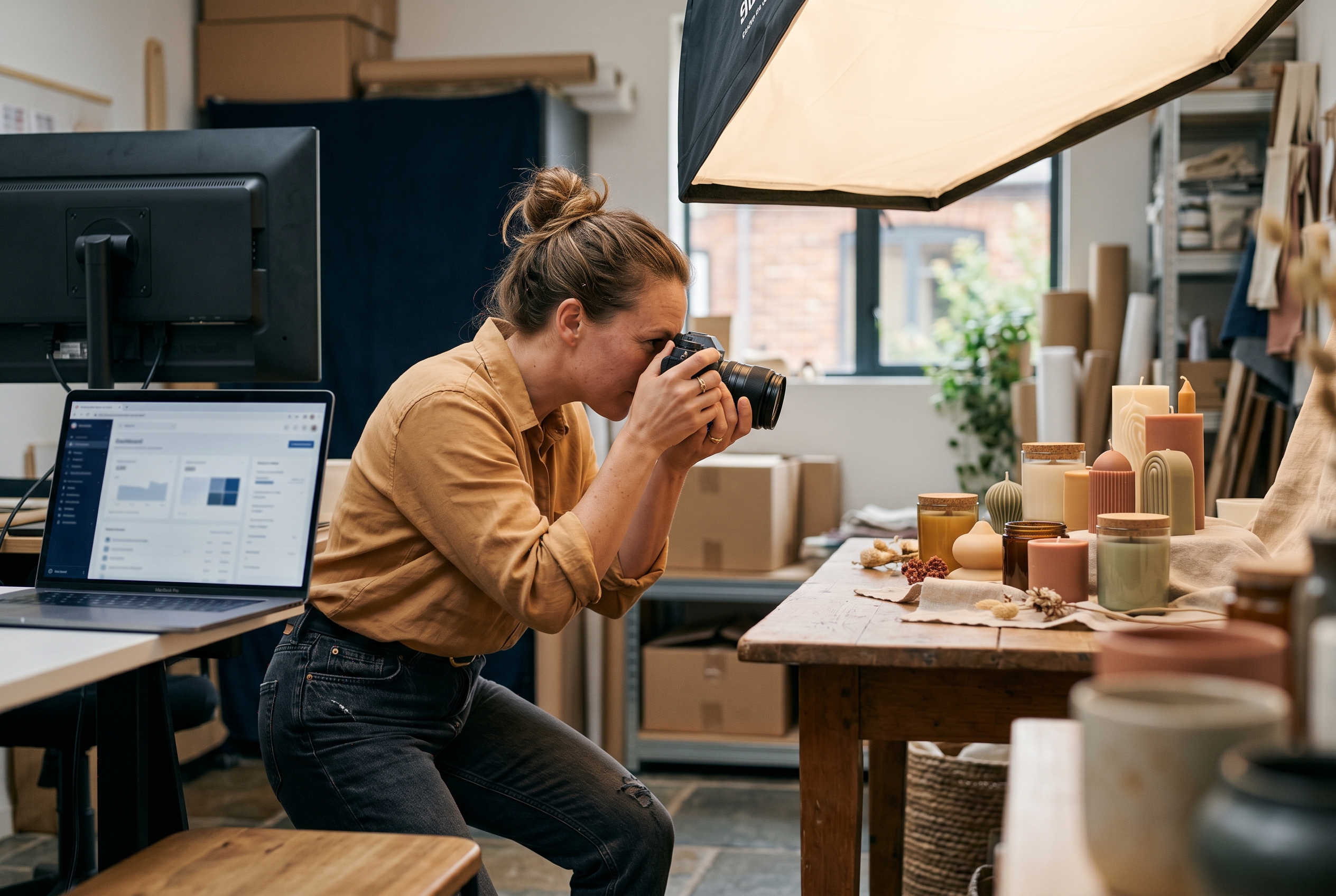 Founder photographing handmade candles on a wooden table under a softbox light to upload to her new online store