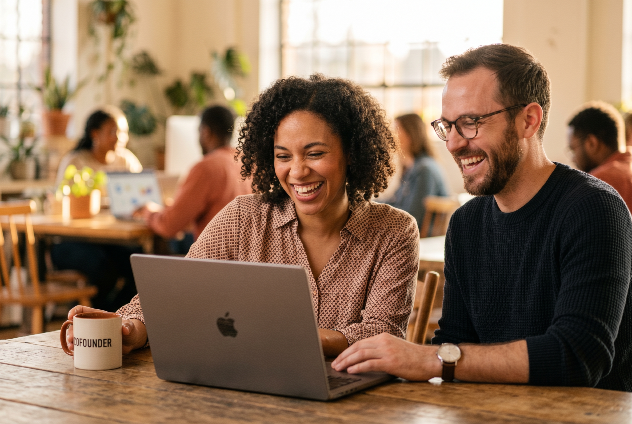 Two small business co-founders laughing while updating their store on a laptop in a bright coworking space at golden hour
