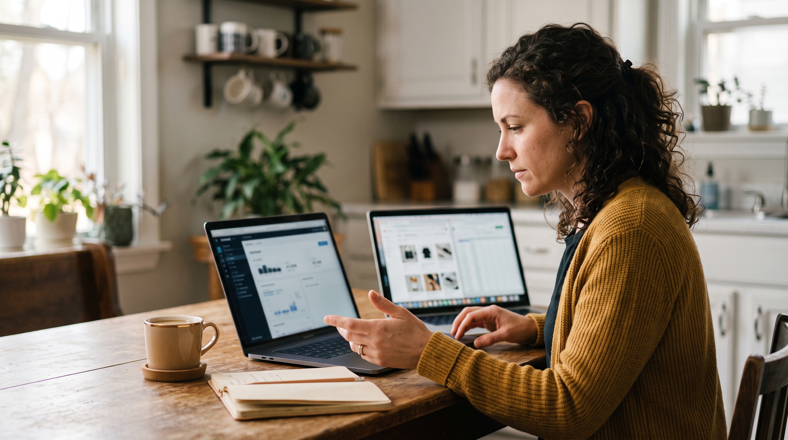 Small business owner comparing two laptops on a kitchen table with coffee and a notebook in morning light