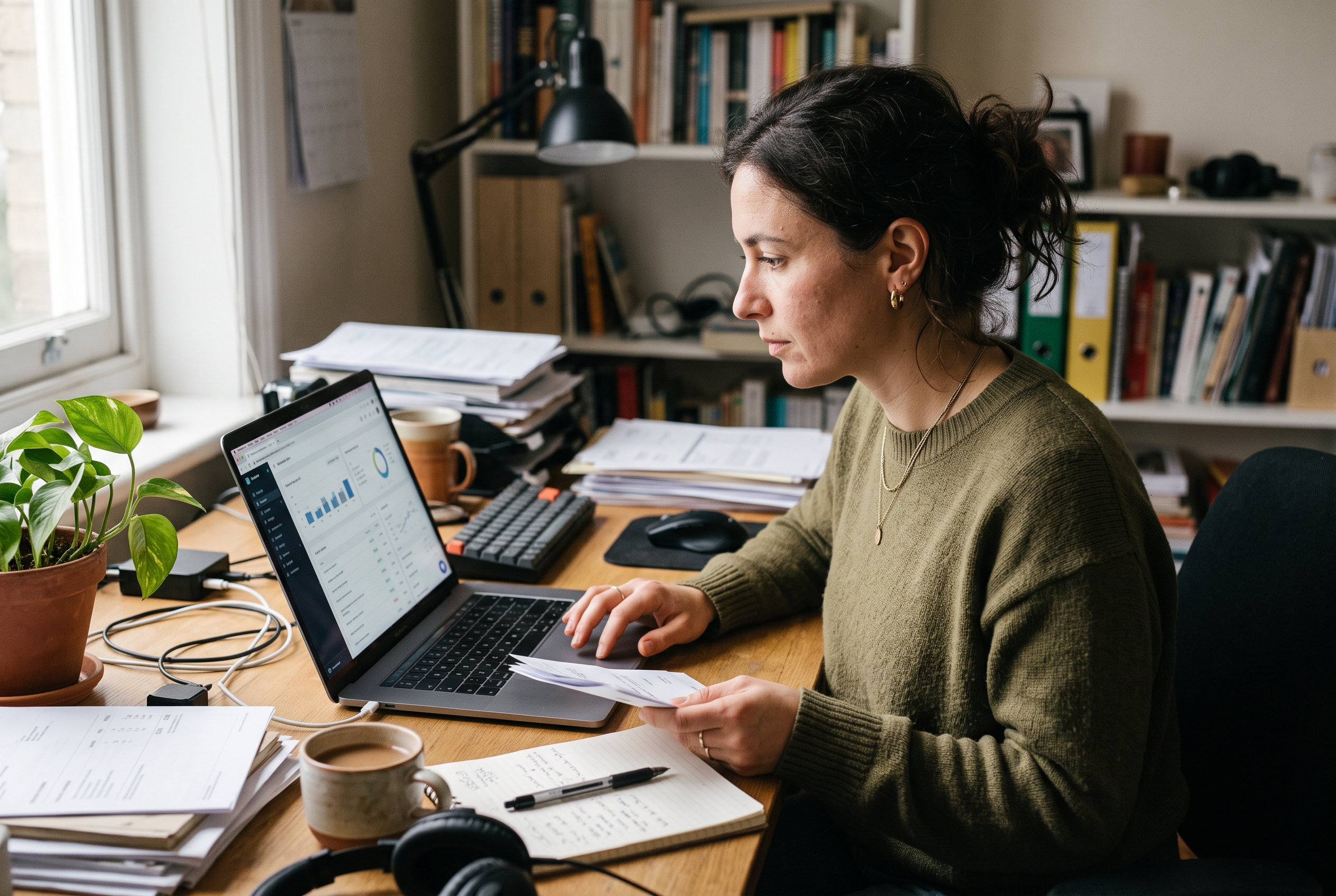 Founder reviewing a stack of subscription invoices on a laptop screen at a cluttered home office desk