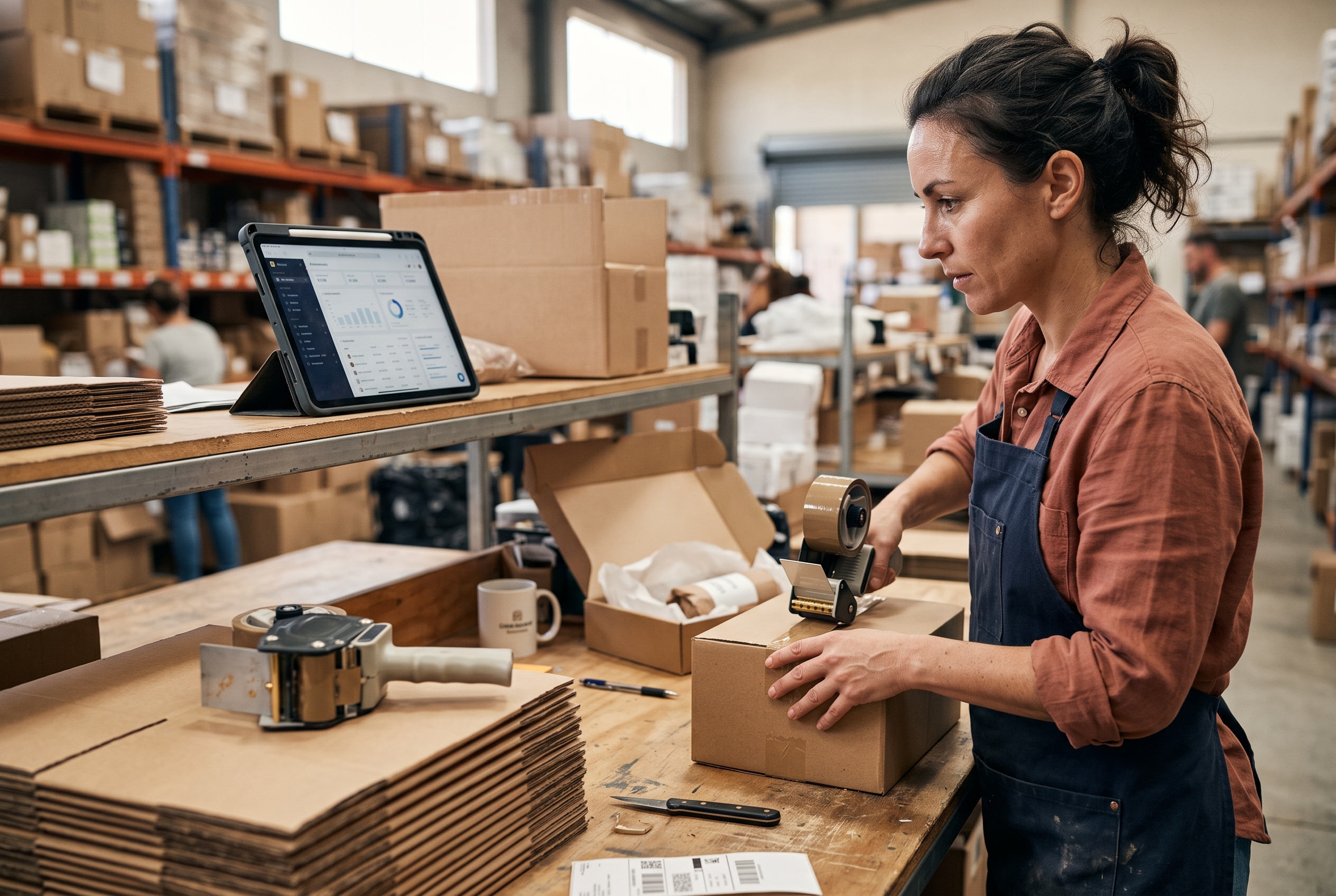 Warehouse owner packing orders into shipping boxes while checking a store dashboard on a tablet propped on a shelf
